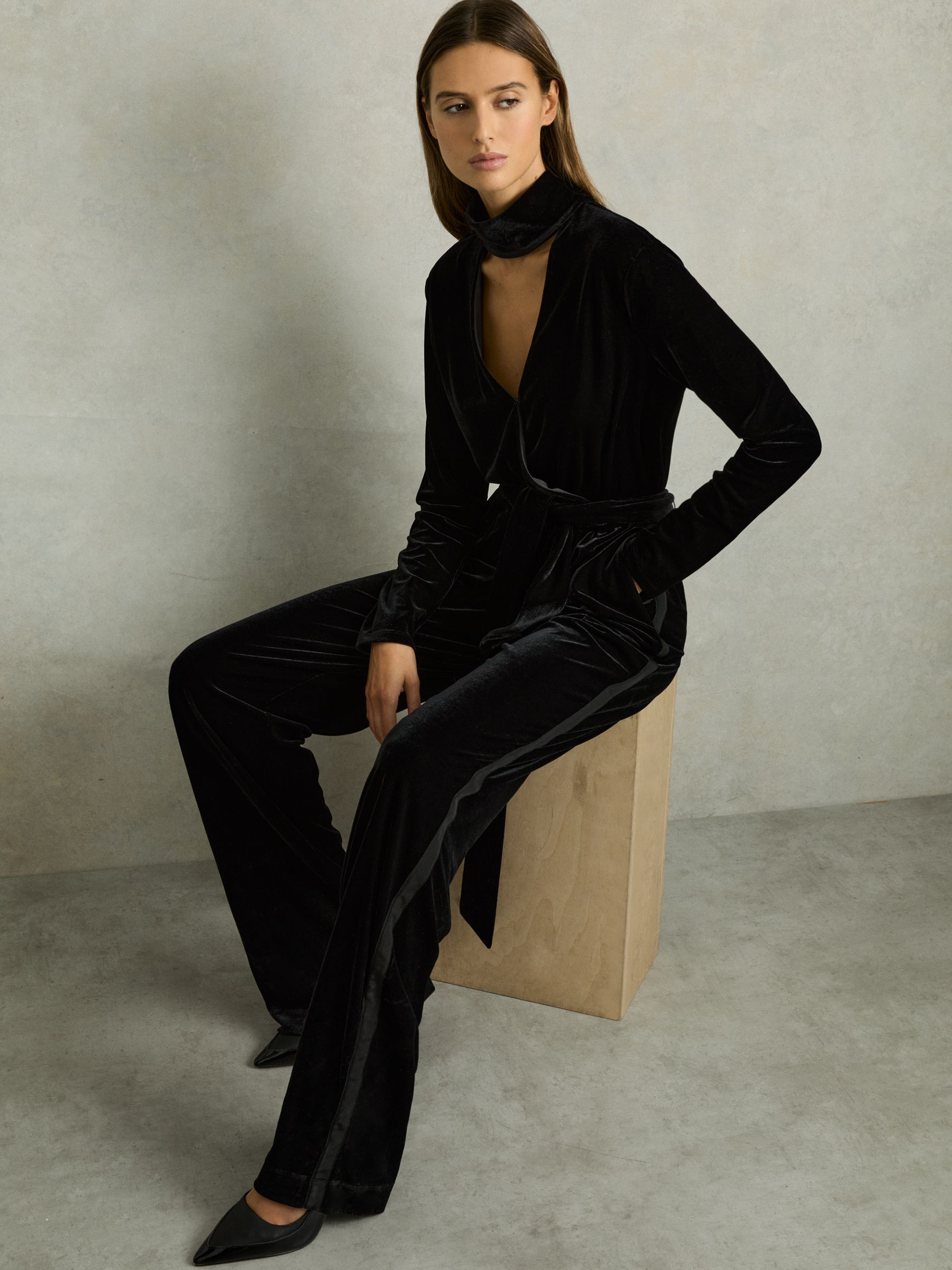 Velvet Belted Wide Leg Jumpsuit in Black