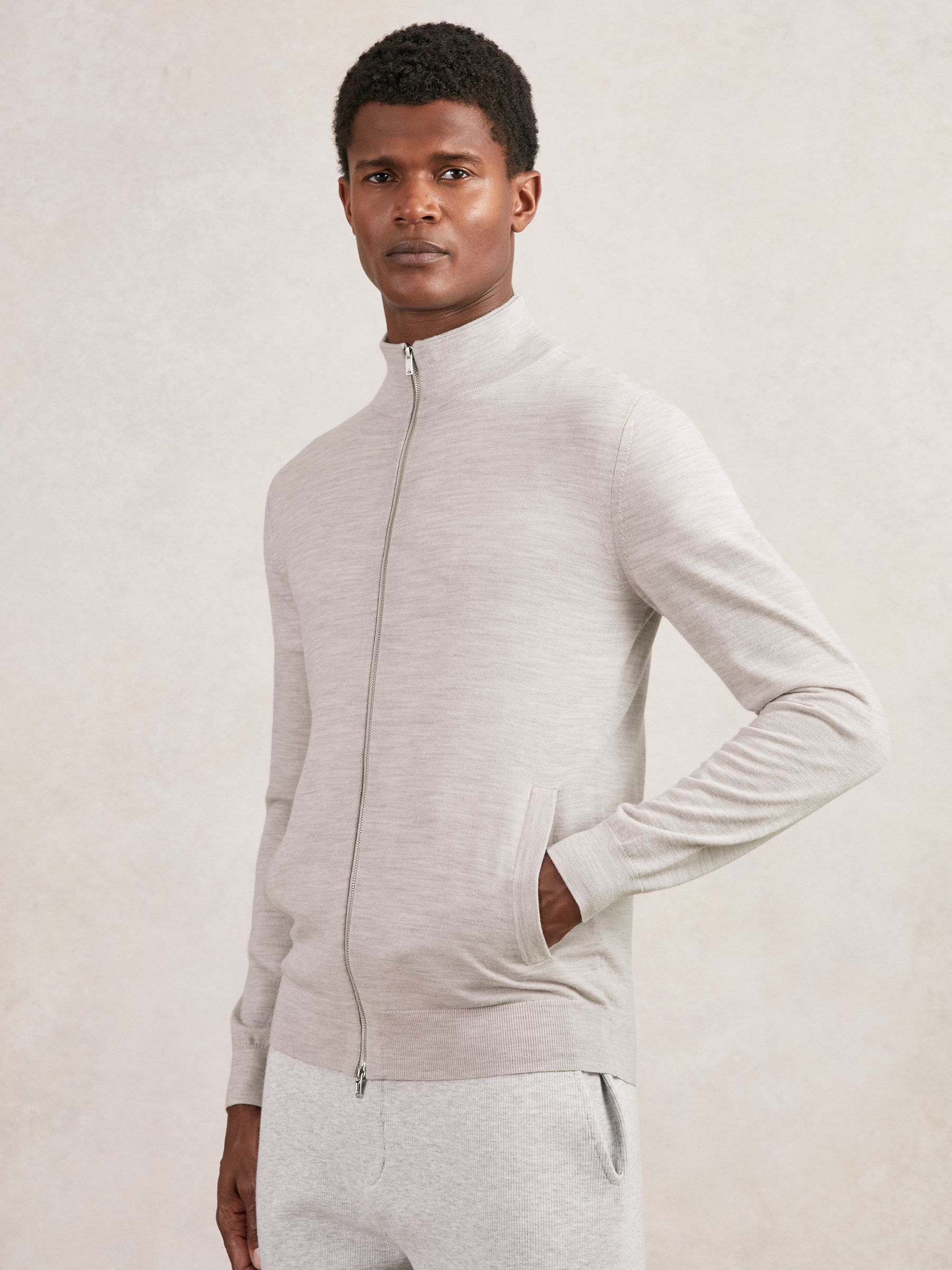 Merino Wool Zip Through Cardigan in Wicker Brown Melange