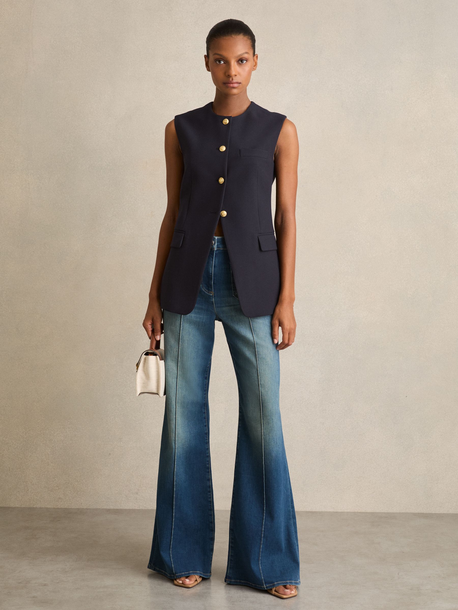 High-Neck Longline Waistcoat in Navy