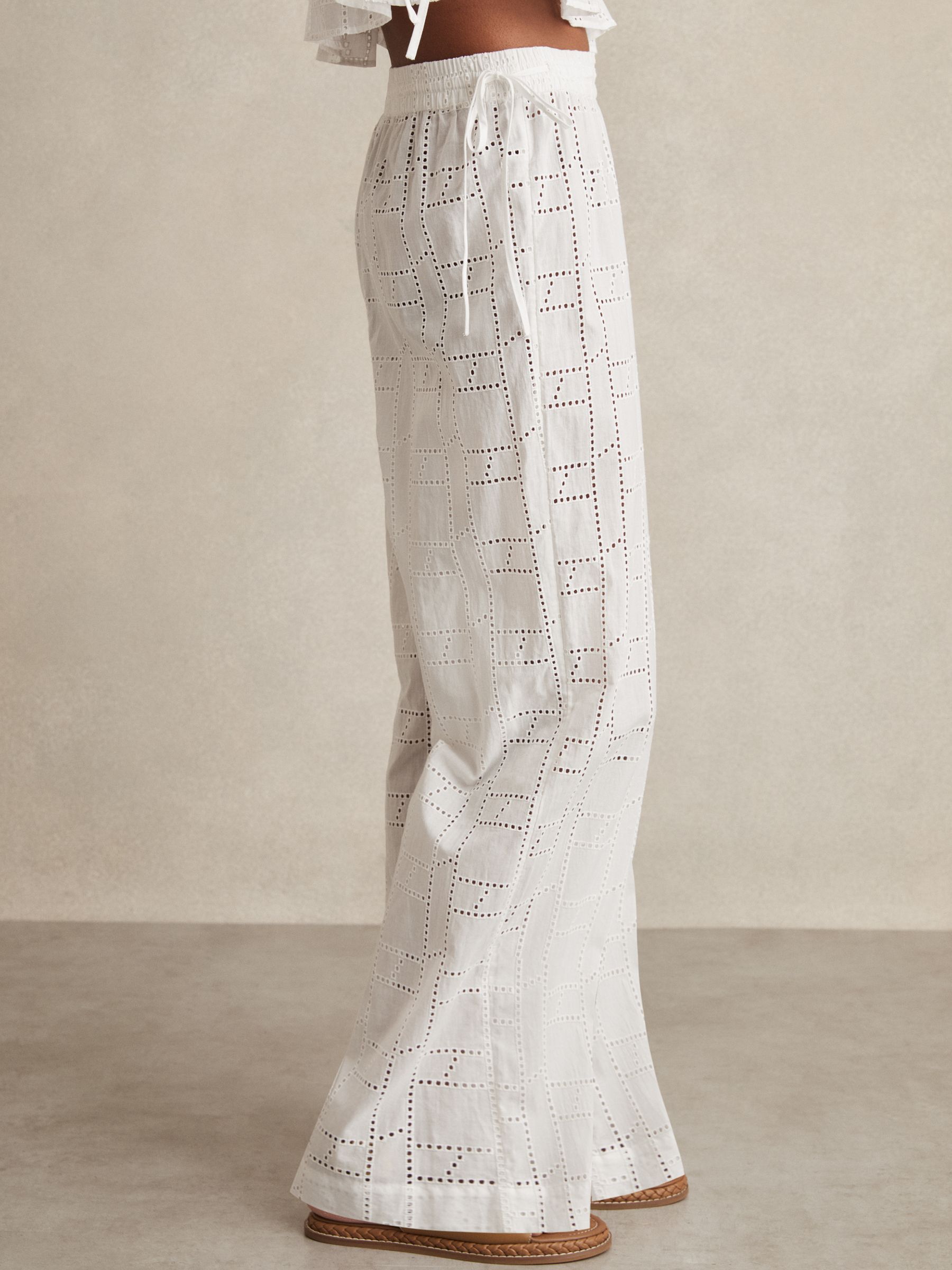Cotton Broderie Side-Tie Trousers in White