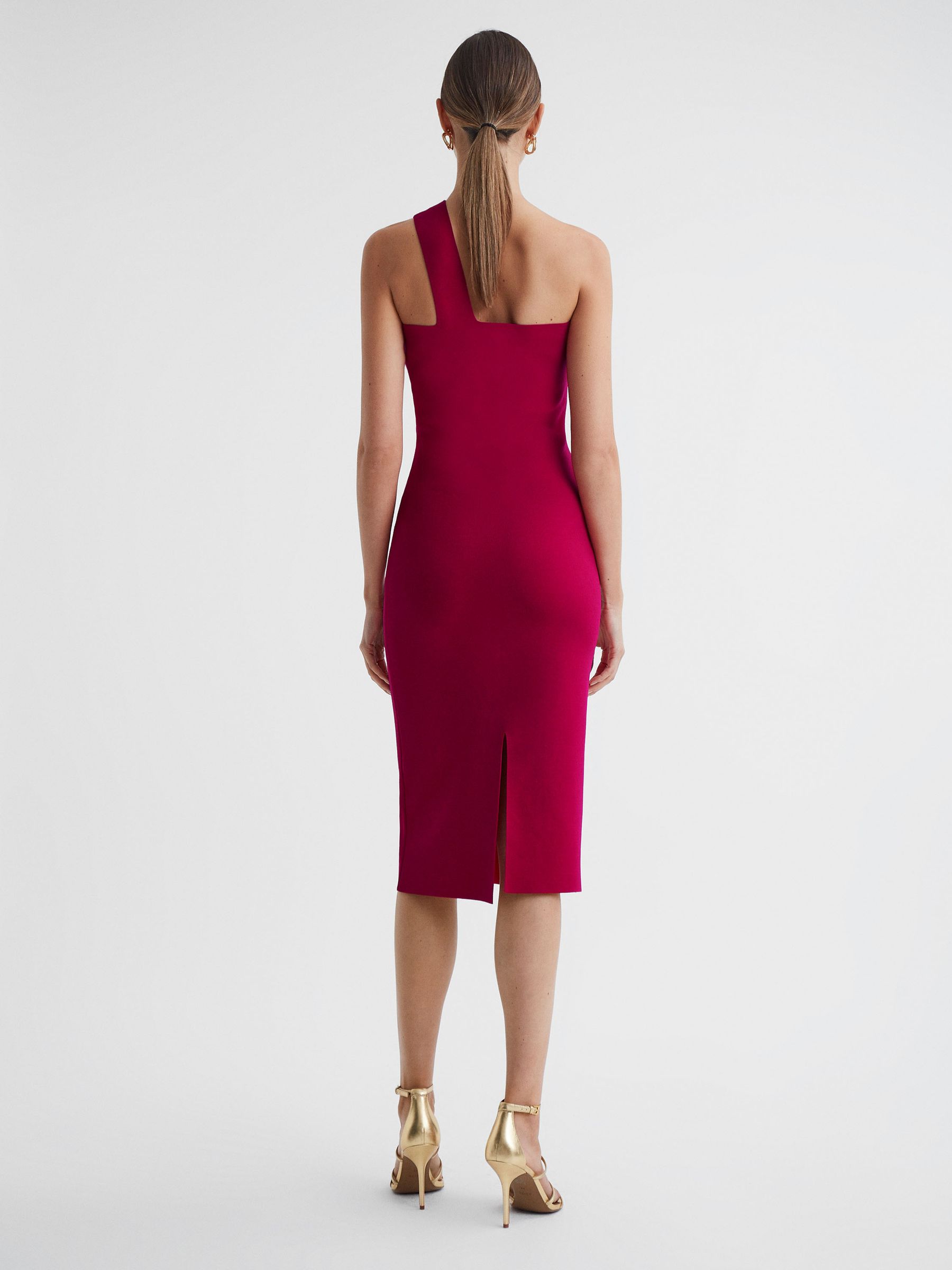 Knitted One Shoulder Bodycon Midi Dress in Pink
