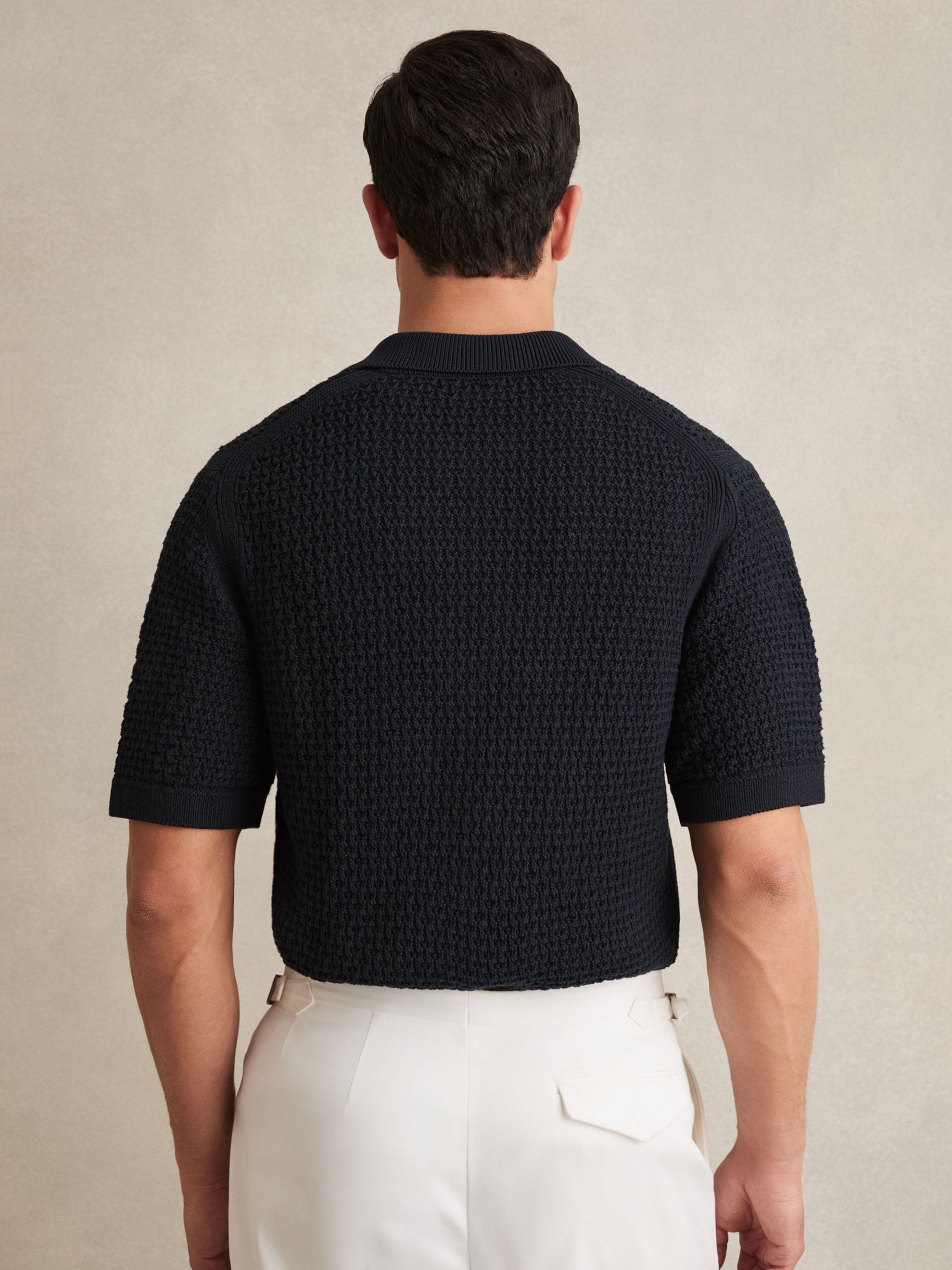 Textured-Knit Zip-Through Shirt in Navy