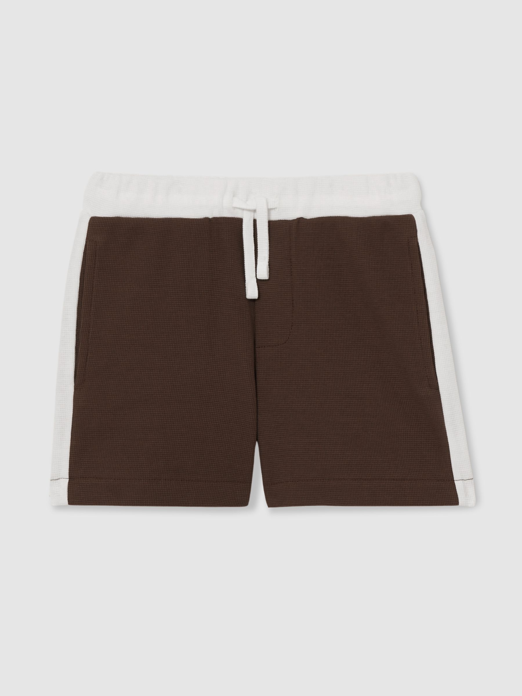 13-14 yrs Cotton Waffle-Knit Badge Shorts in Chocolate Brown / Off White