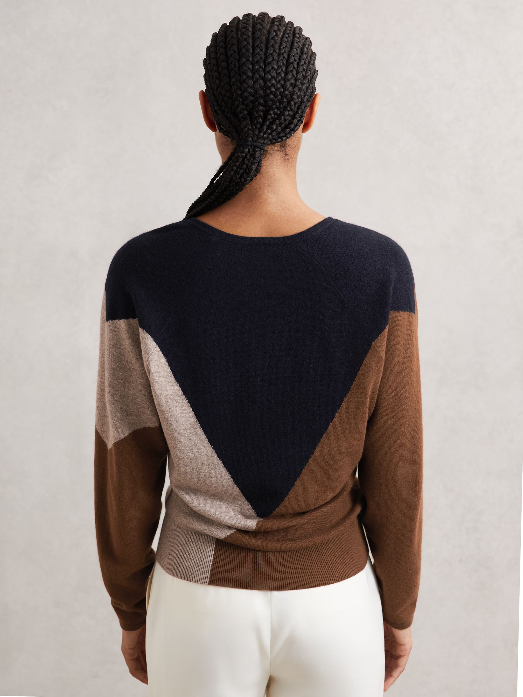 Wool-Blend Colourblock Knit Jumper with Cashmere in Toffee Brown/Navy/Neutral