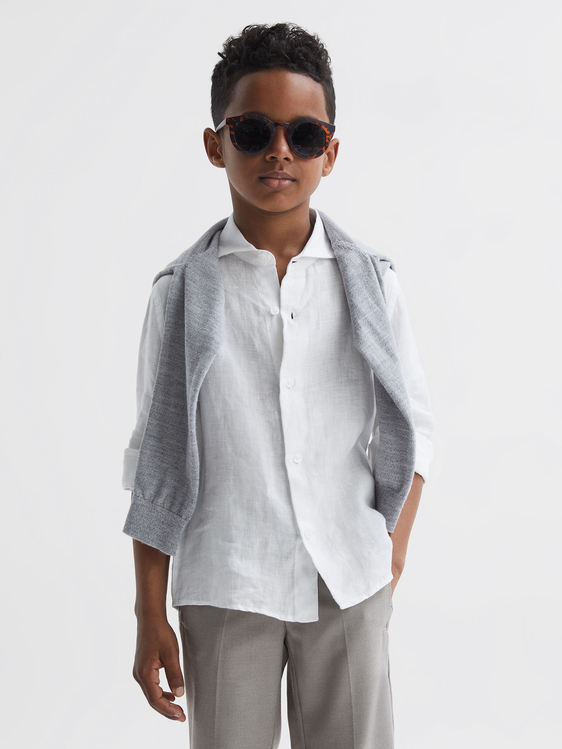 9-13 yrs Linen Cutaway Collar Shirt in White