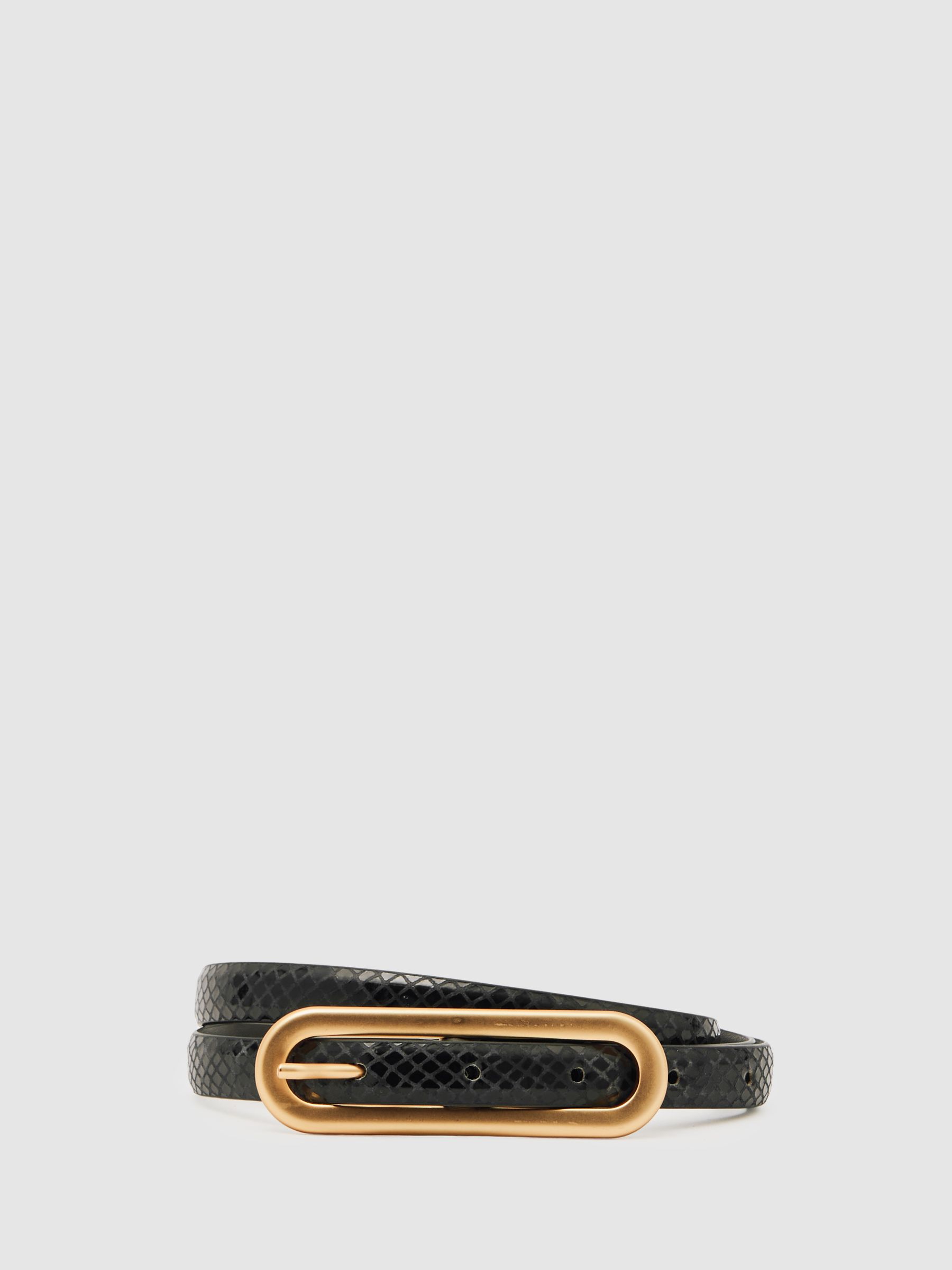 Leather Elongated-Buckle Skinny Belt in Black