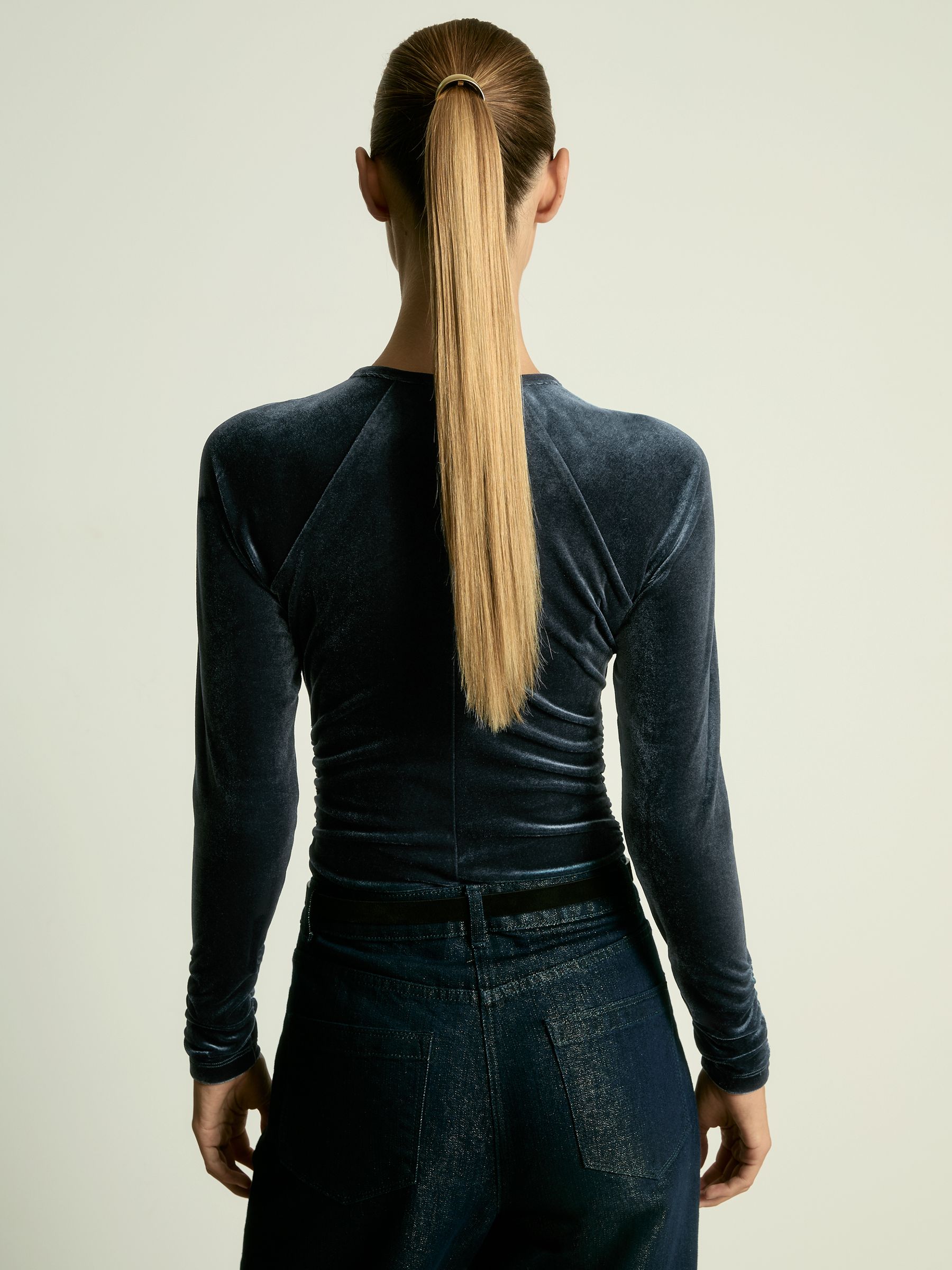 Velvet Ruched Keyhole Bodysuit in Slate Blue