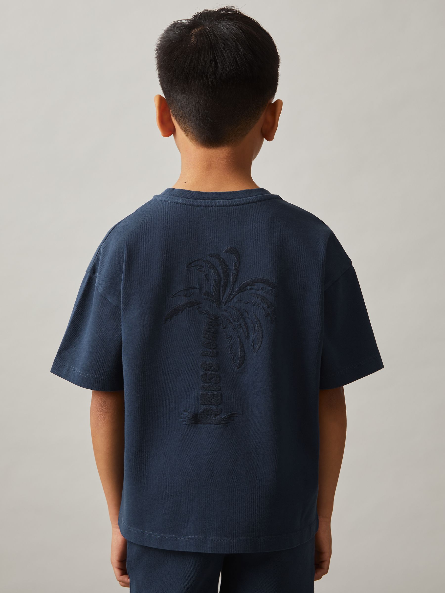 13-14 yrs Cotton Palm-Embroidery Oversize T-Shirt in Washed Navy