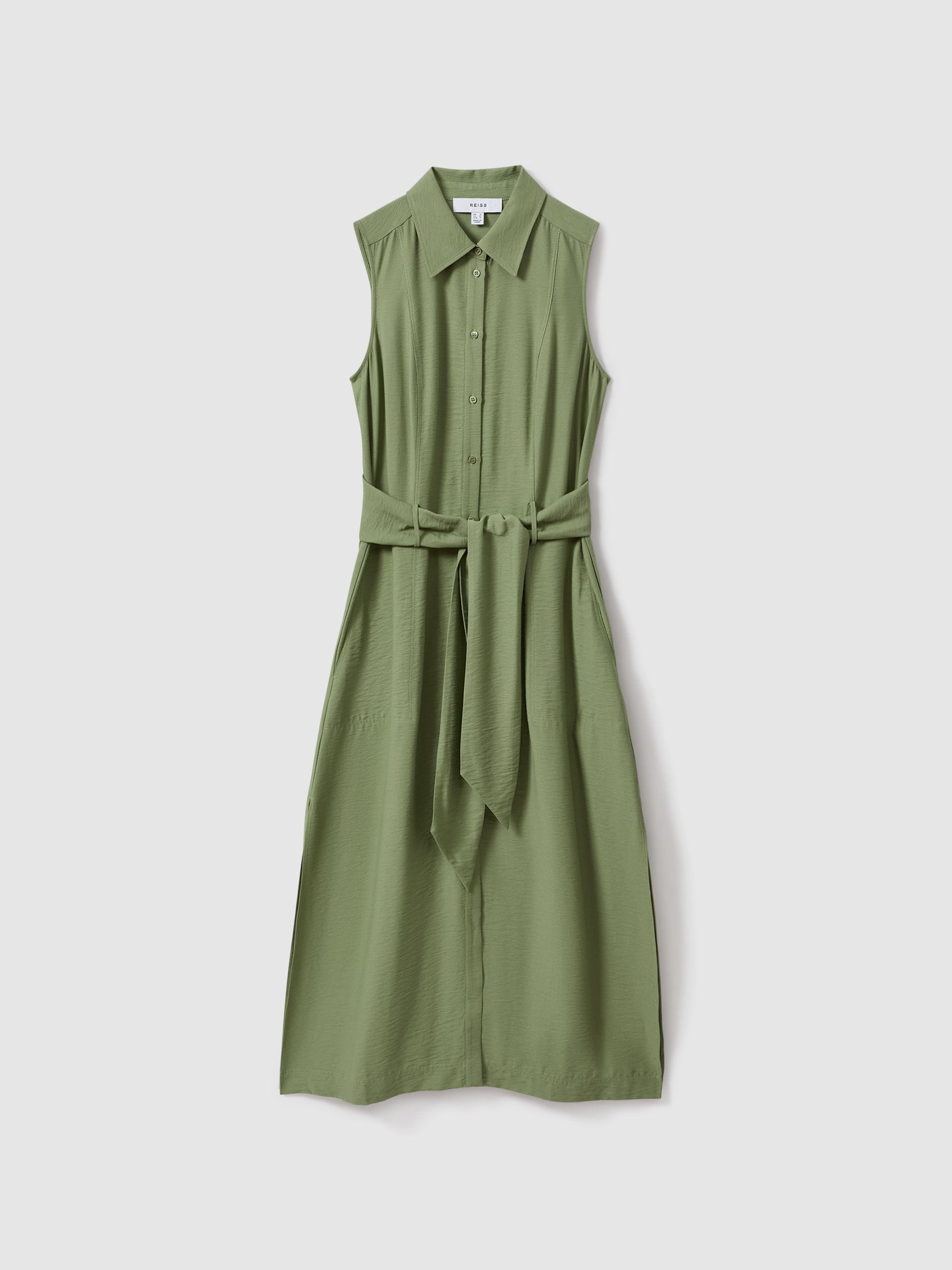 Viscose Blend Belted Shirt Dress in Green