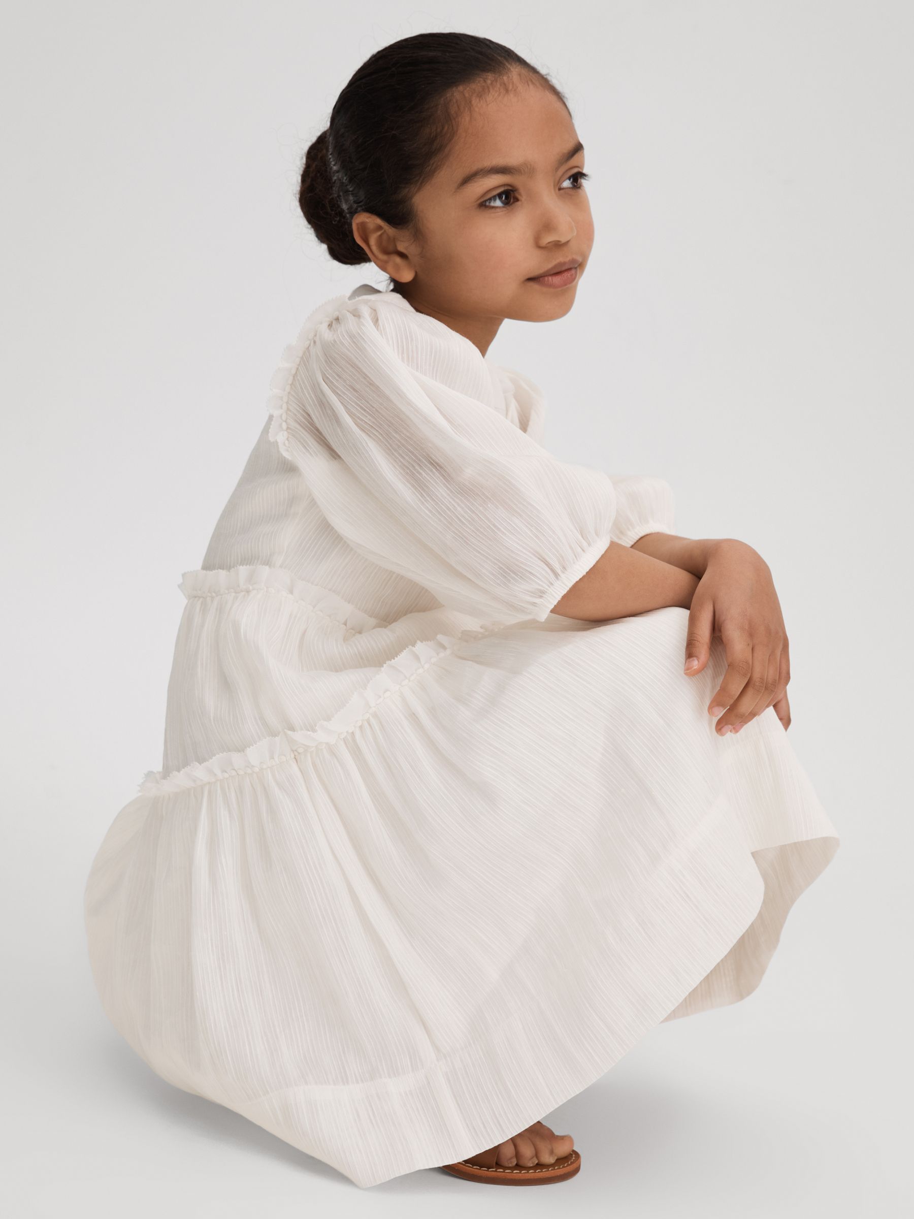13-14 yrs Tiered Linen Blend Puff Sleeve Dress in Ivory