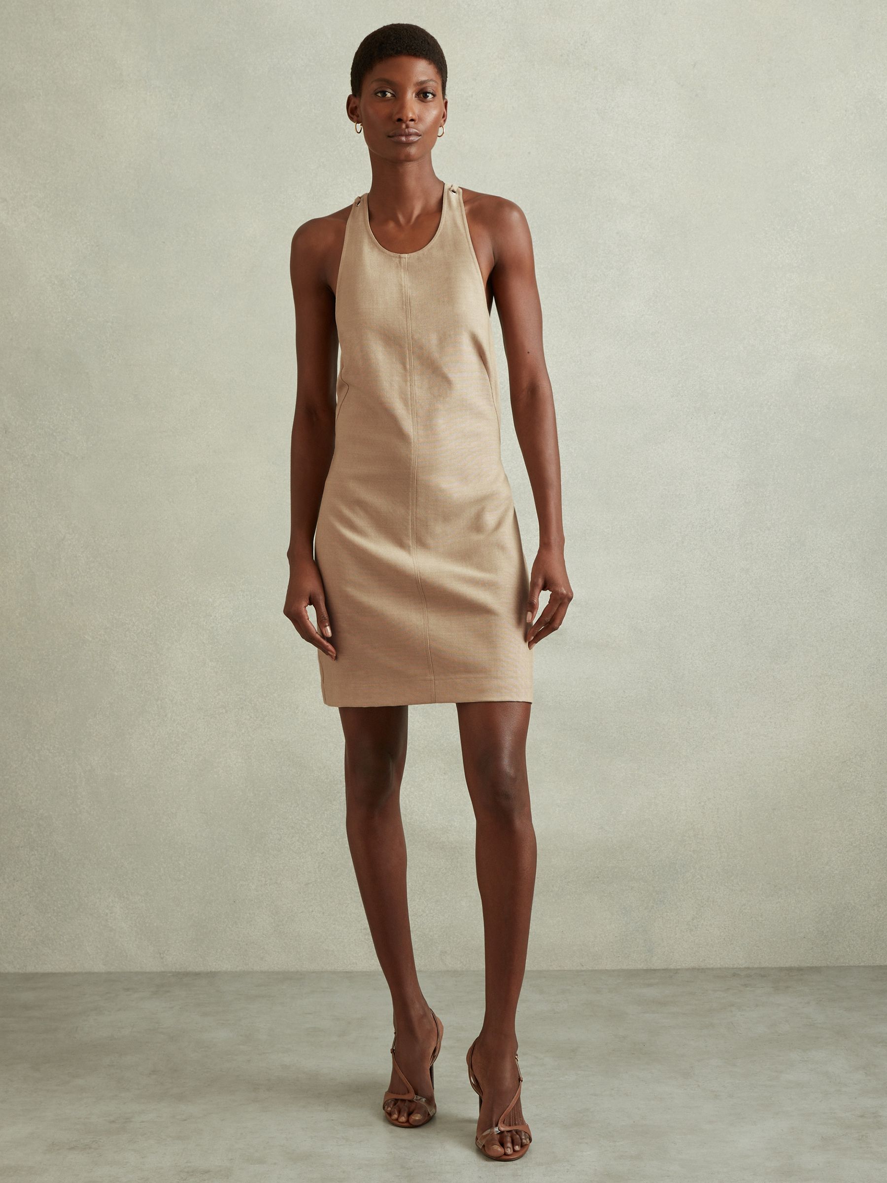Wool Strappy Tie Back Mini Dress in Neutral