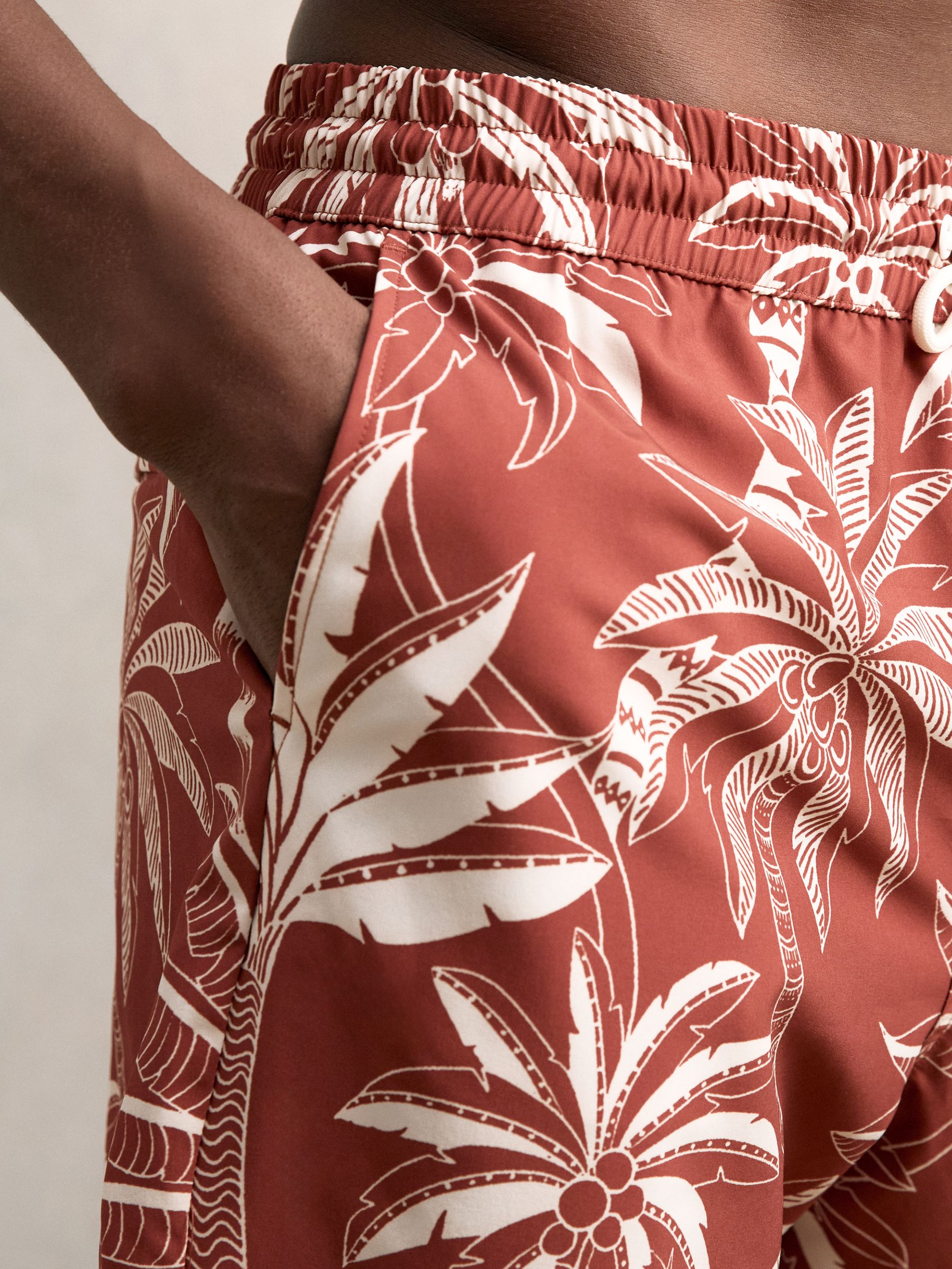 Palm Print Swim Shorts in Brick Red/White