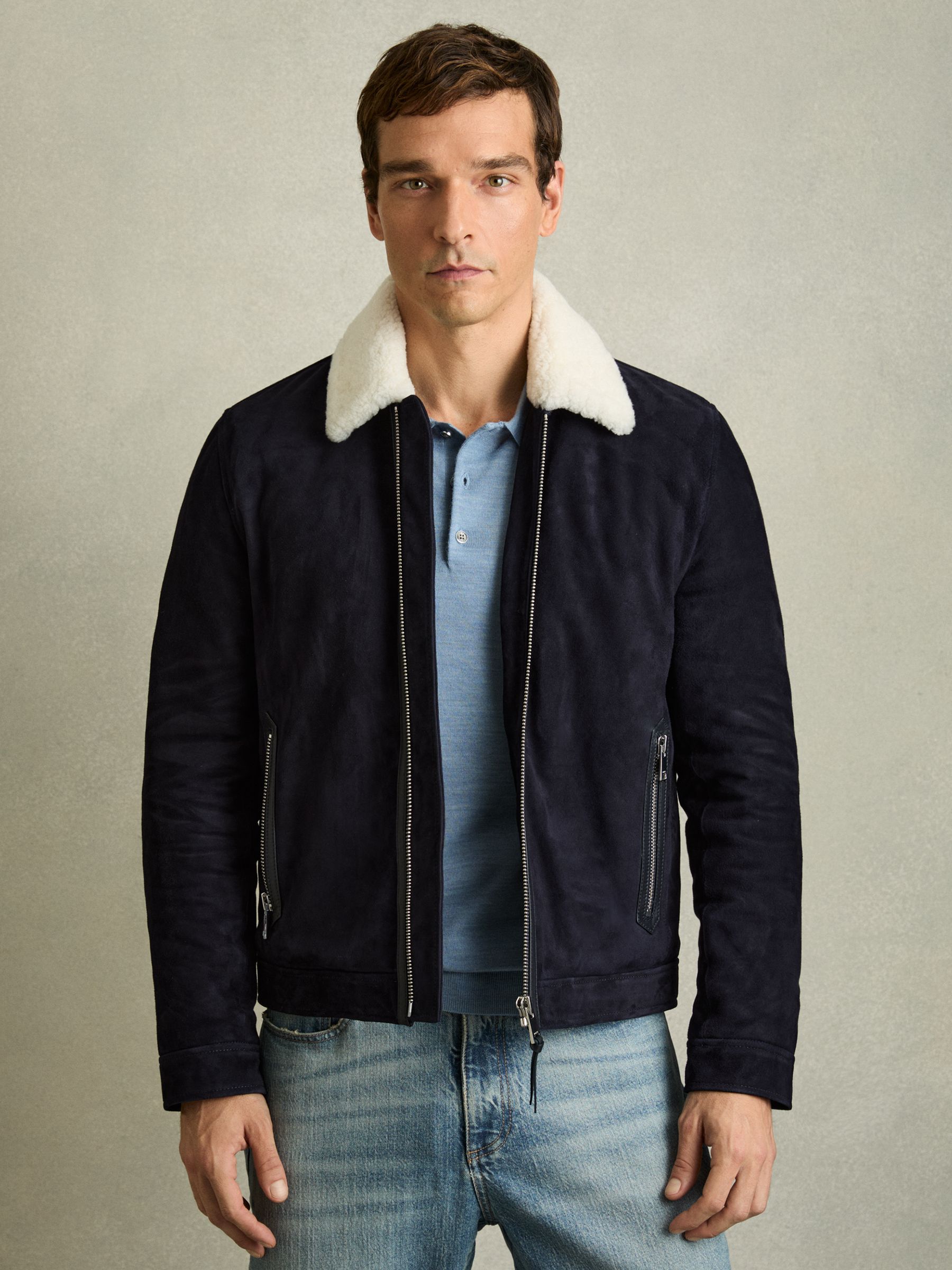 Suede Shearling-Collar Jacket in Navy