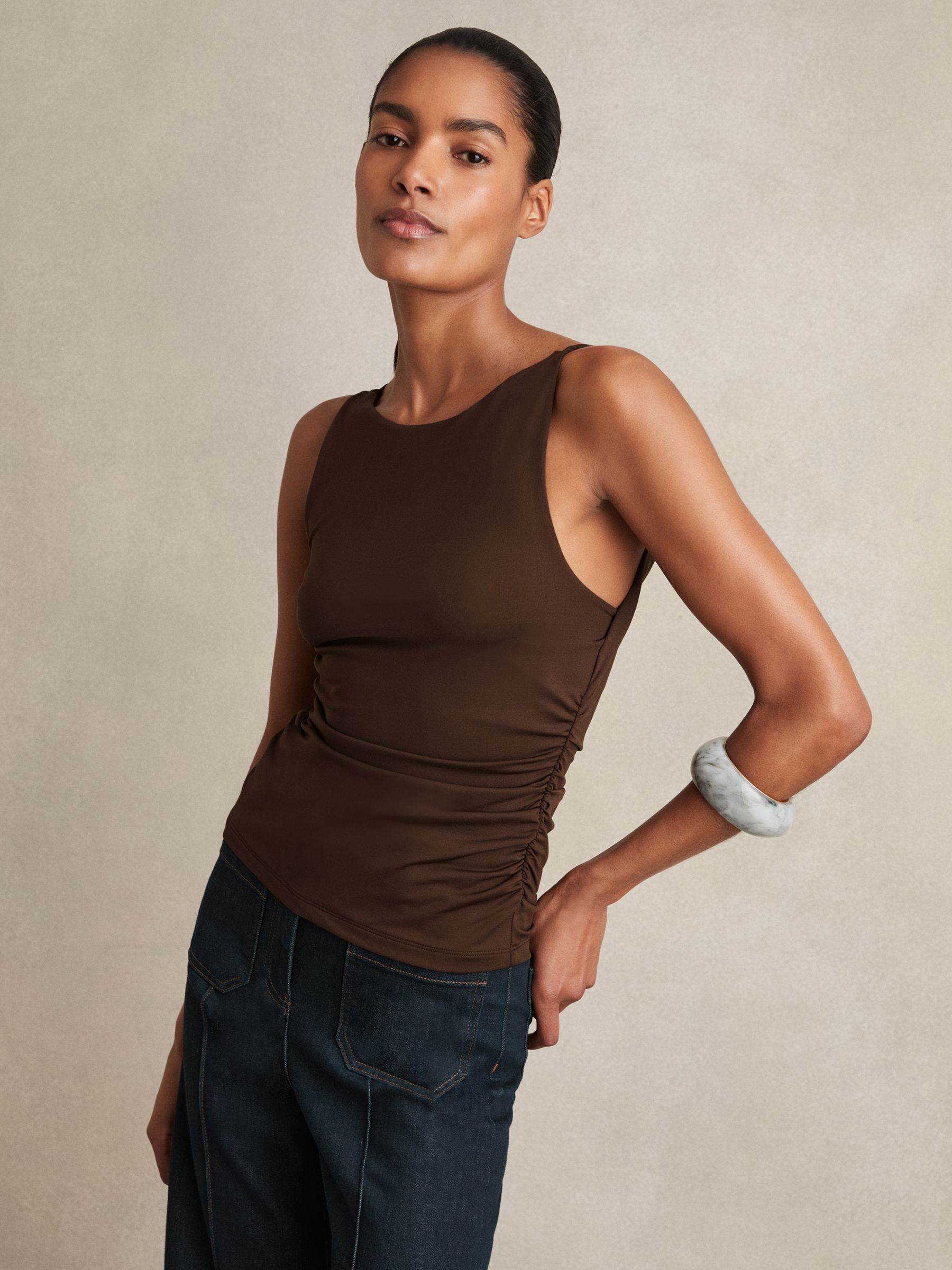 Ruched Jersey Cowl Back Vest in Chocolate Brown