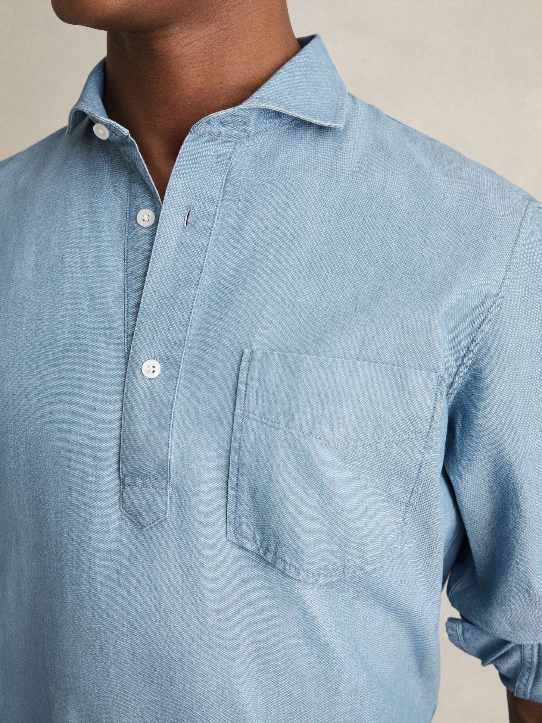 Cotton Cutaway-Collar Denim Shirt in Light Wash Indigo