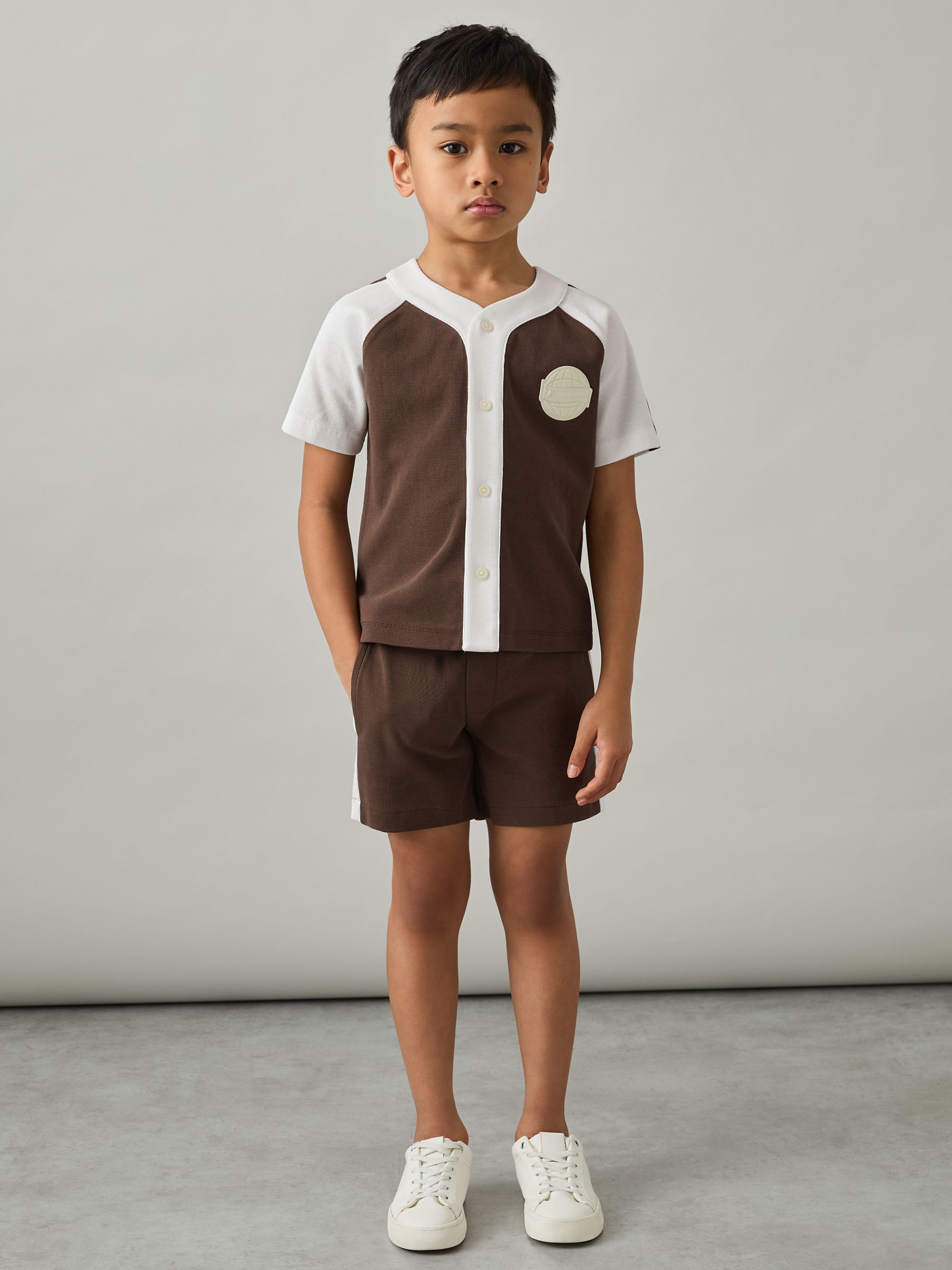 3-9 yrs Cotton Waffle-Knit Badge Shorts in Chocolate Brown / Off White