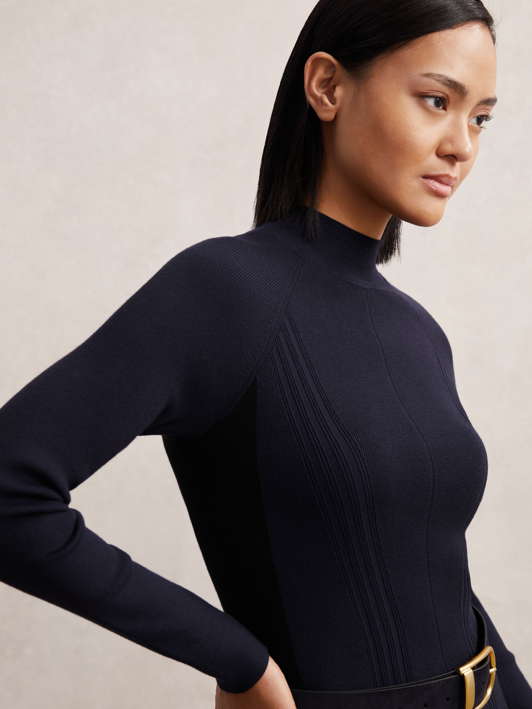 Knitted Contrast-Panel Midi Dress in Navy/Black