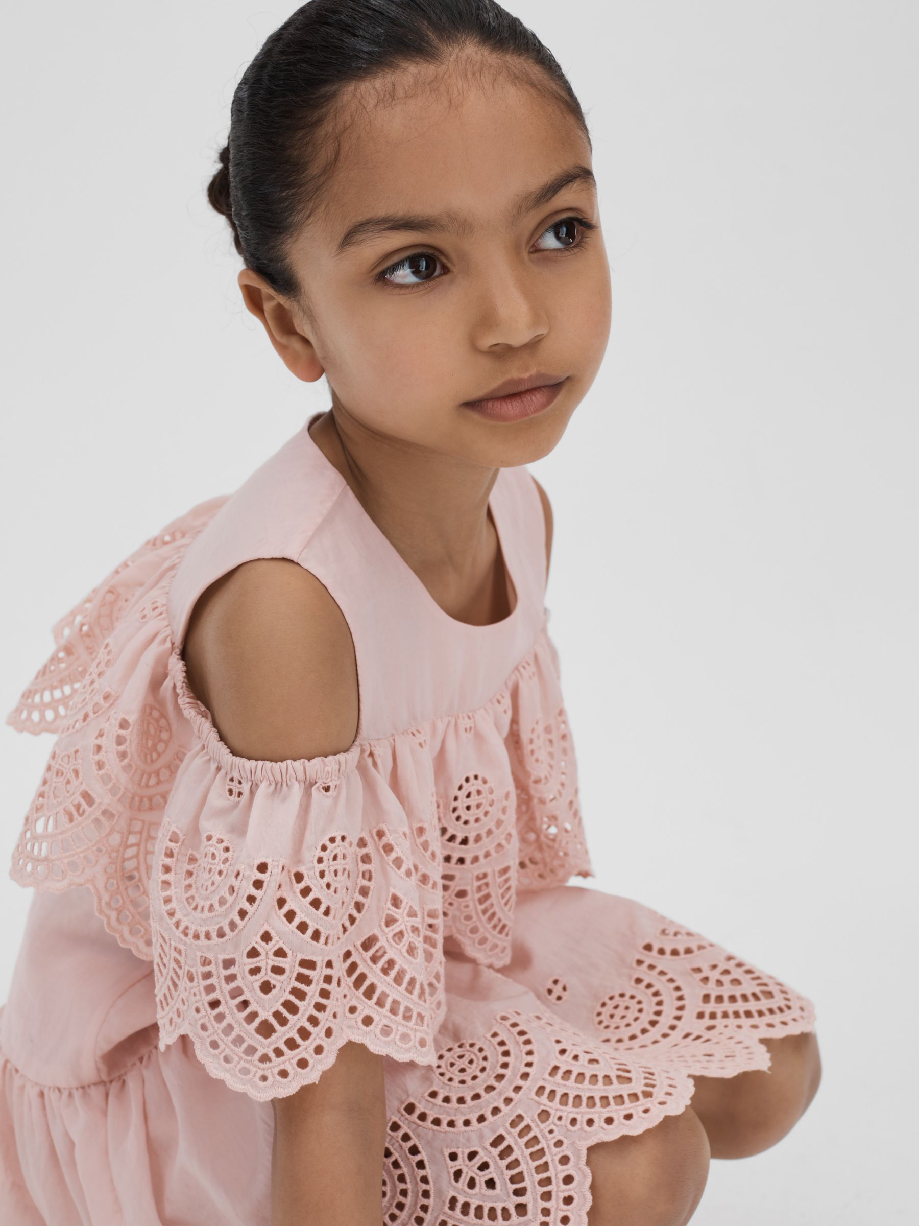 9-13 yrs Off-The-Shoulder Broderie Dress in Pink