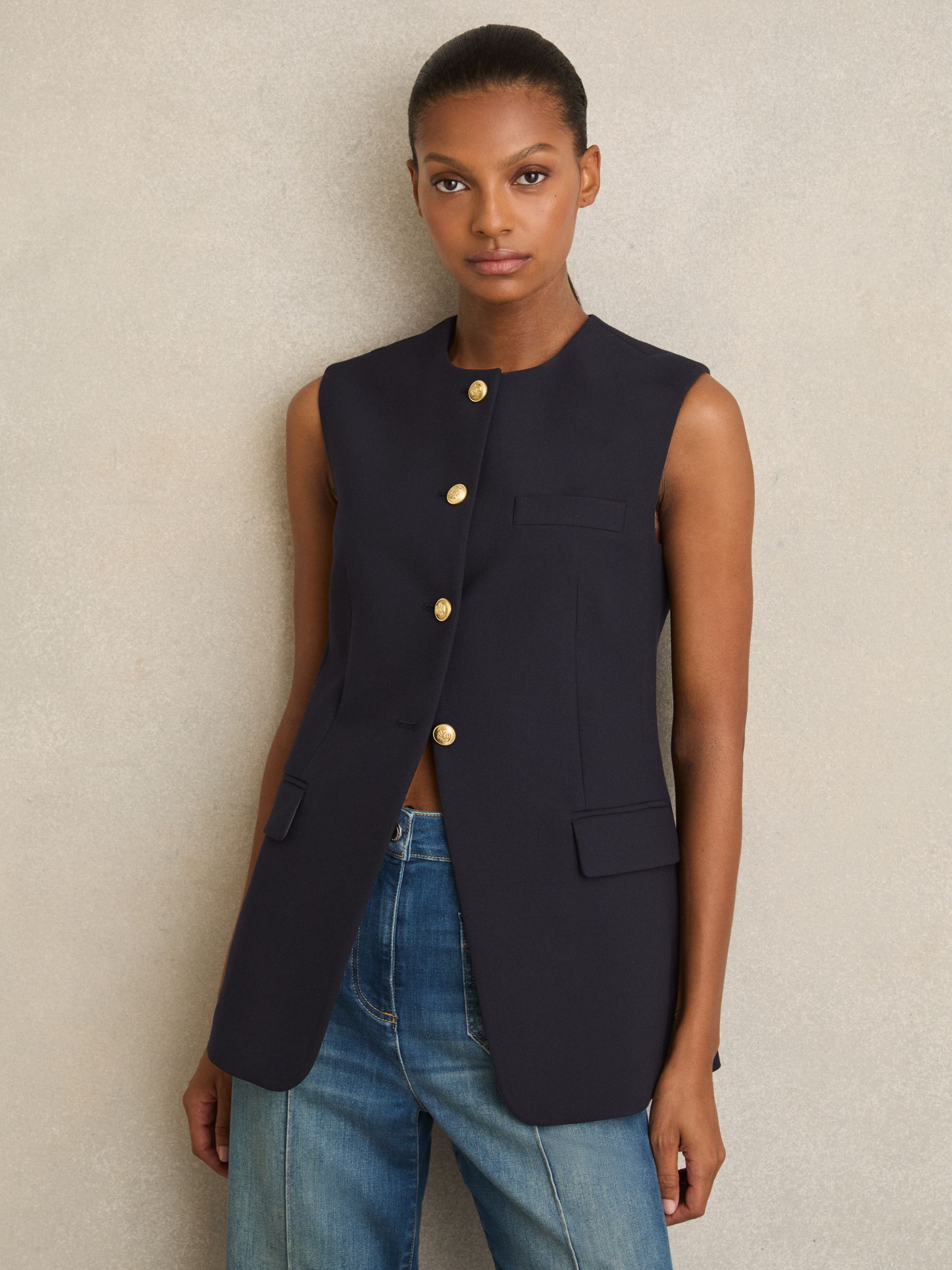 High-Neck Longline Waistcoat in Navy