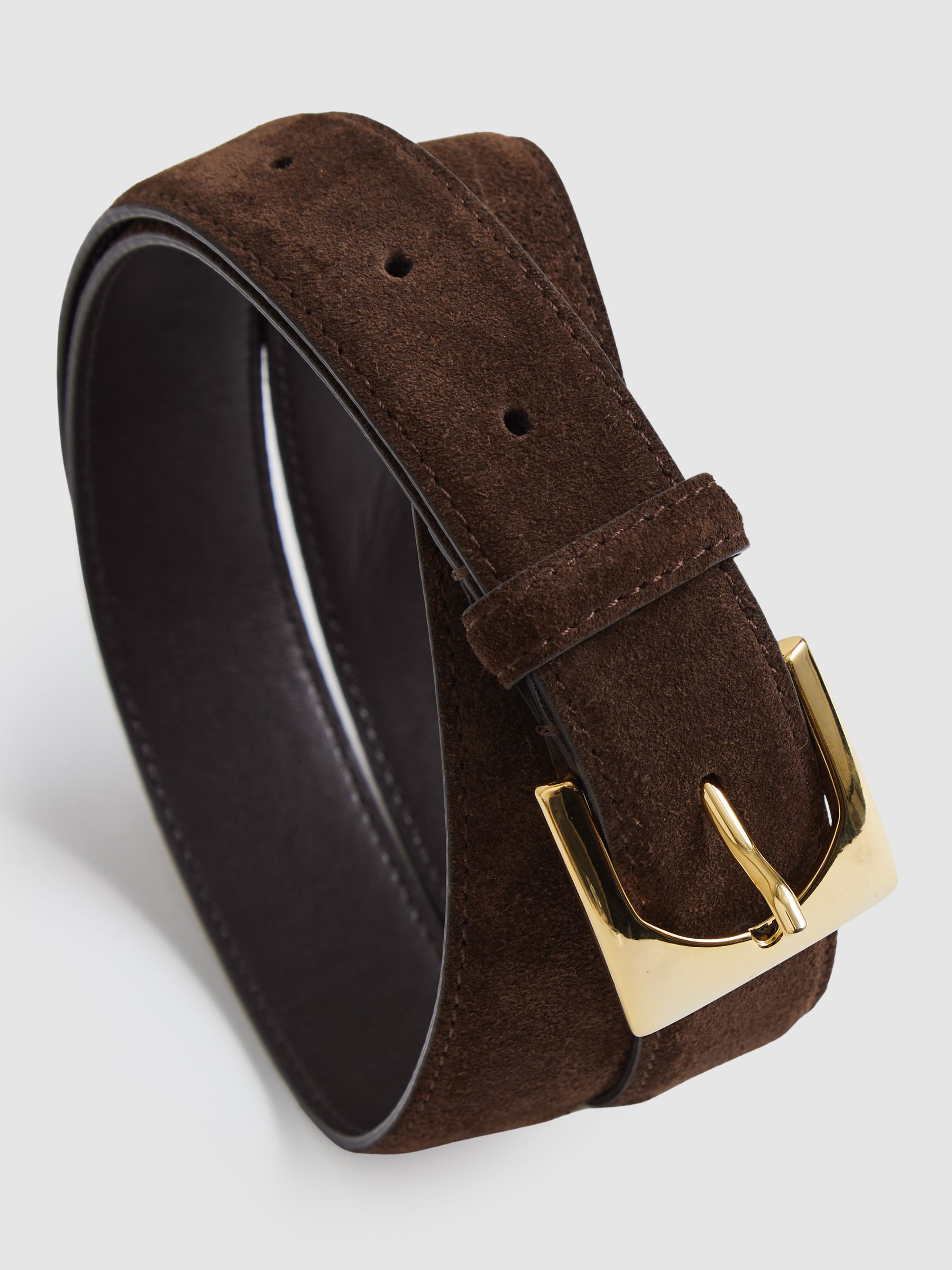 Suede Square-Buckle Belt in Chocolate