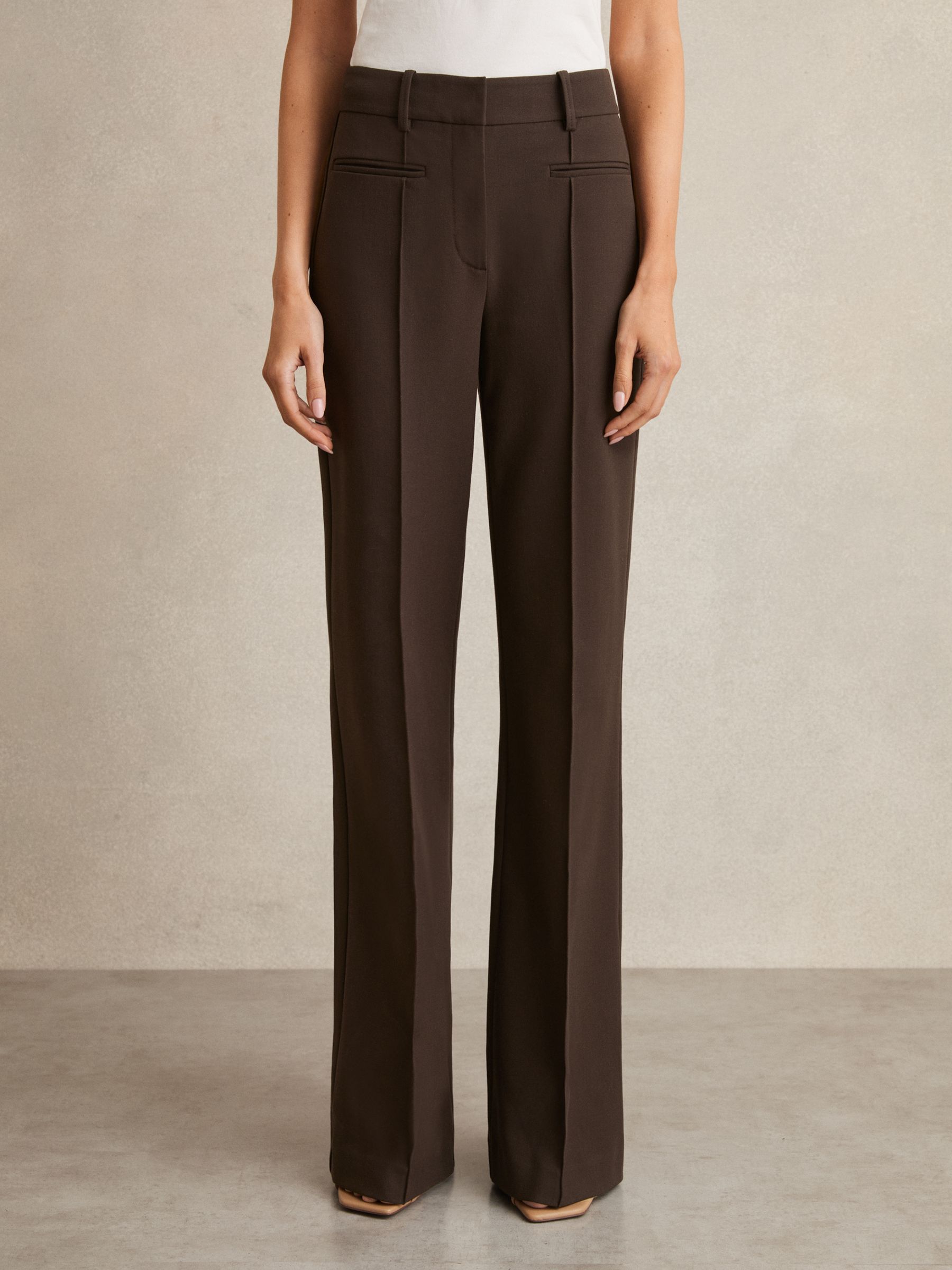 Petite High Rise Flared Trousers in Chocolate Brown