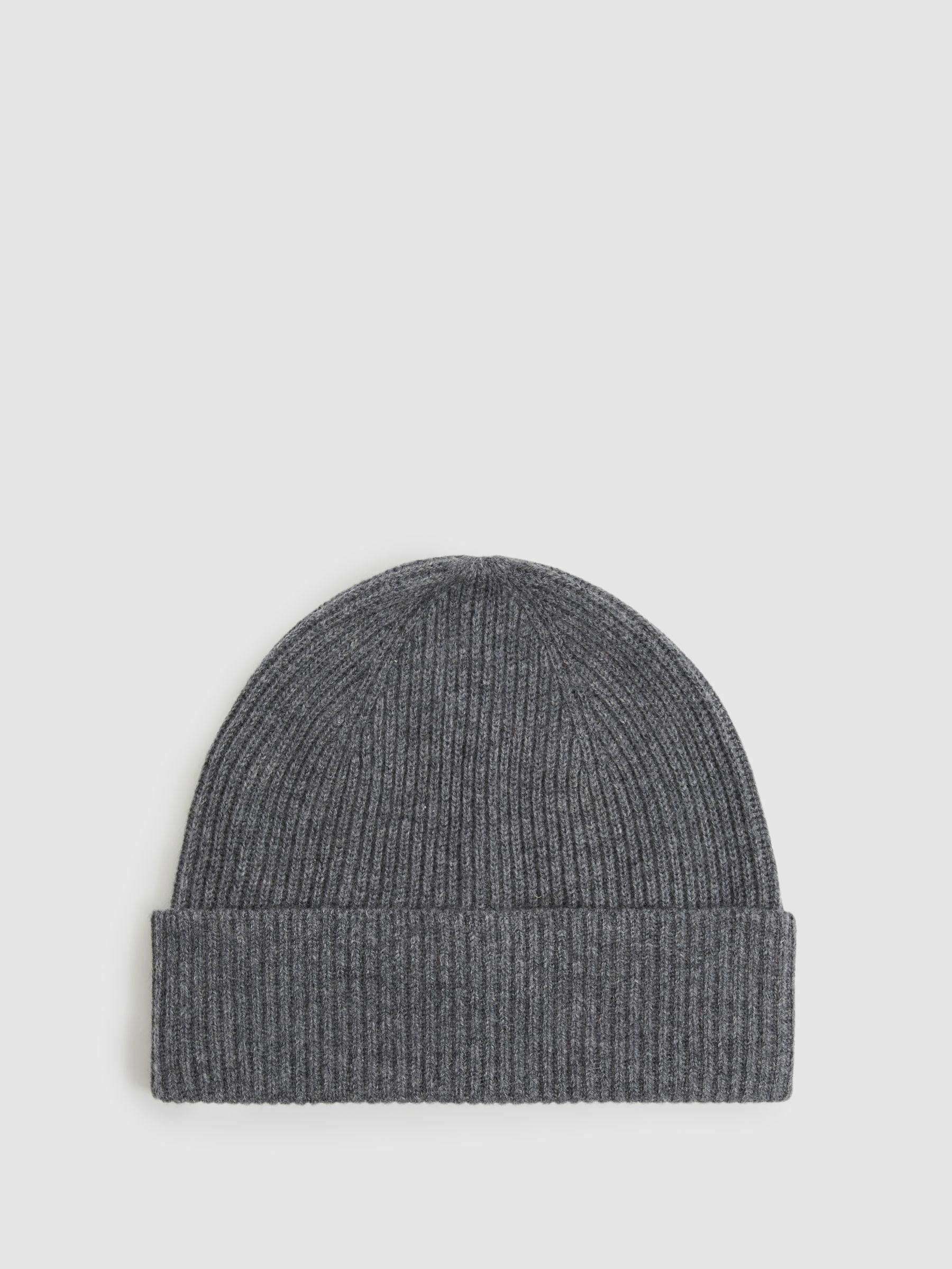 Merino Wool Ribbed Beanie Hat in Mid Grey Melange