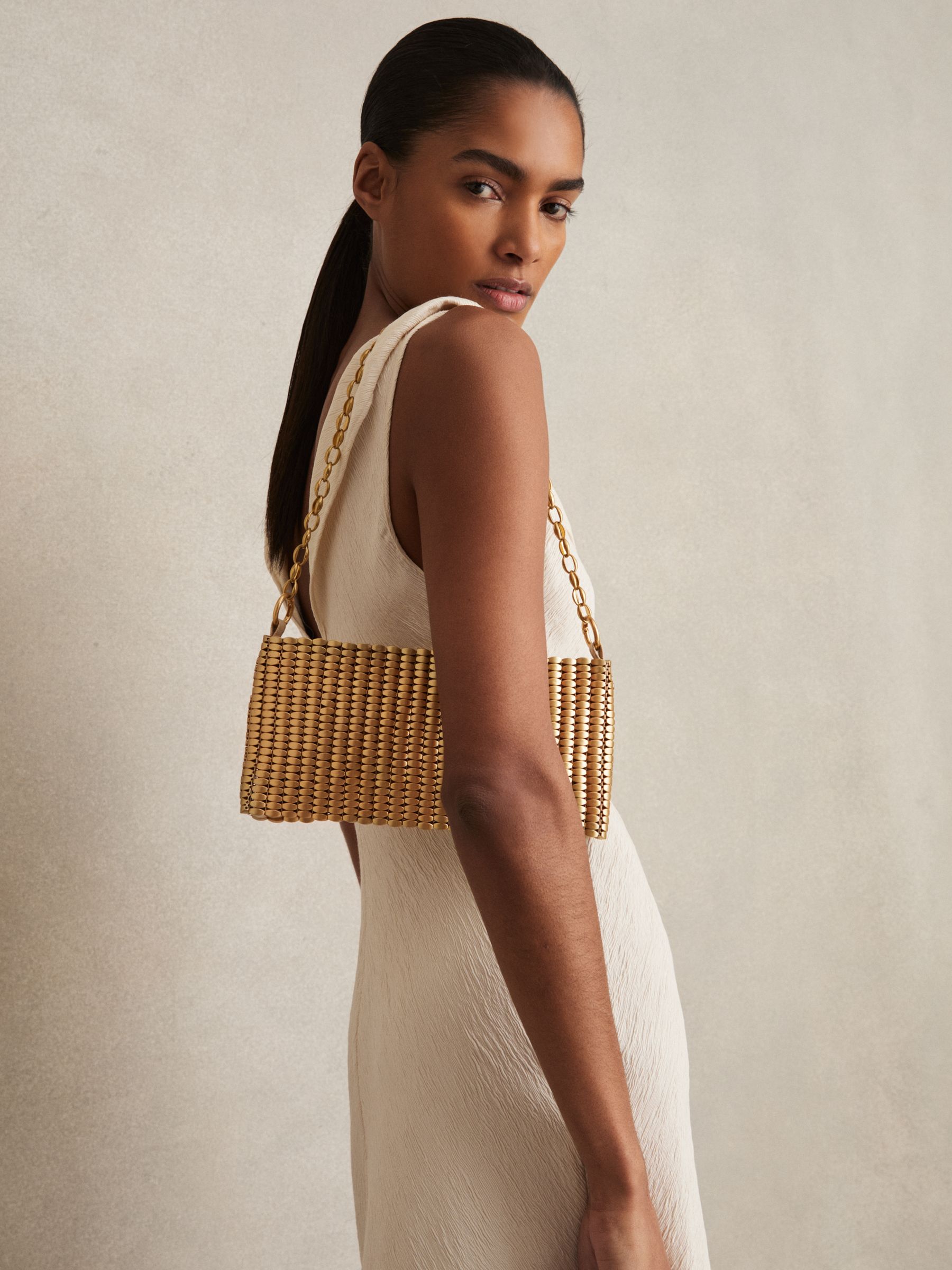 Beaded Removable Strap Shoulder Bag in Gold