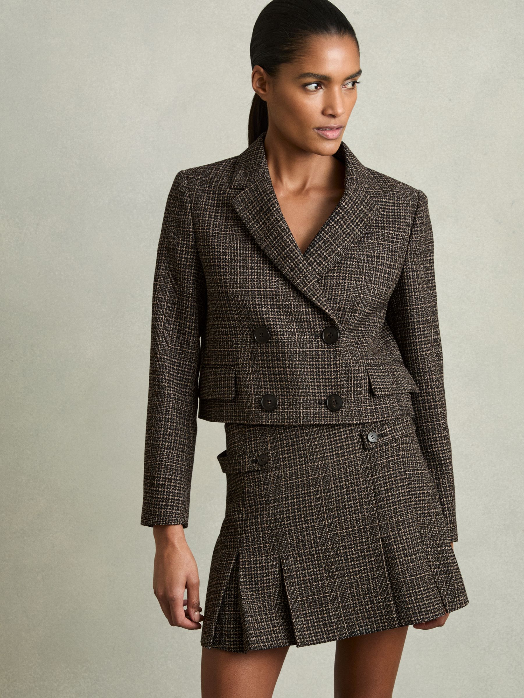 Double-Breasted Tweed Cropped Blazer in Brown Check