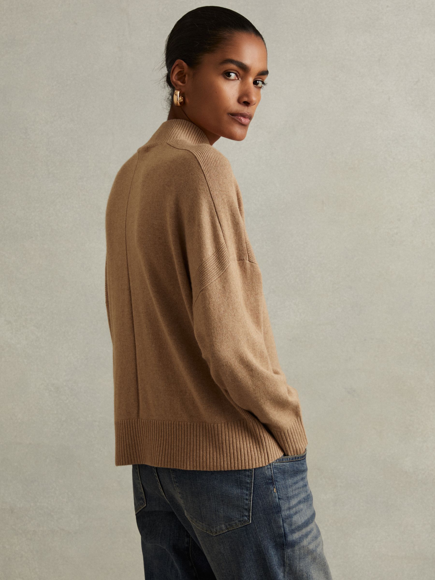 Wool Blend Funnel Neck Jumper in Camel