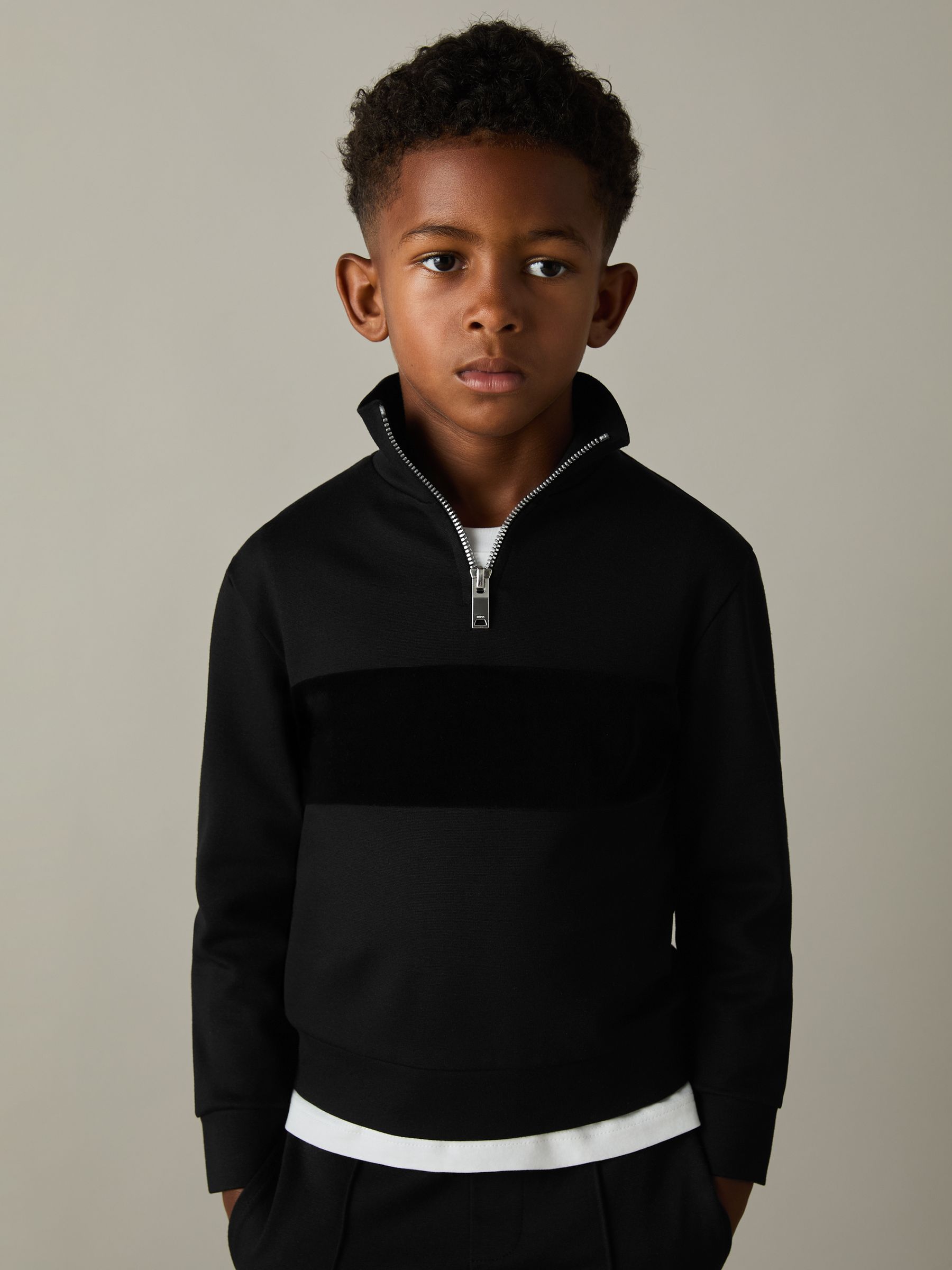 3-9 yrs Slim Fit Half-Zip Funnel Neck Velour Sweatshirt in Black