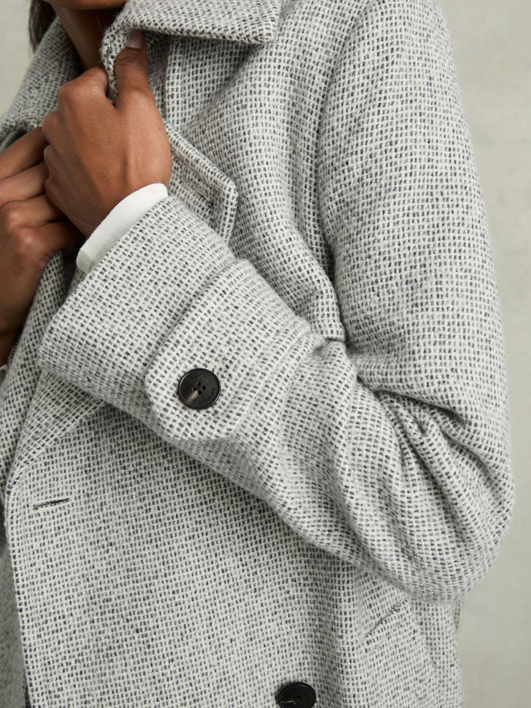 Wool-Blend Double-Breasted Check Trench Coat in Black/White