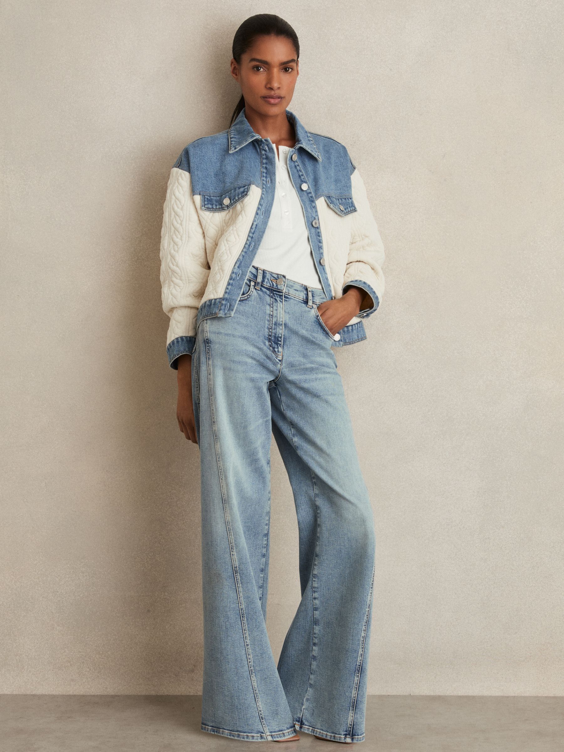 Quilted Colour Block Denim Jacket in Denim Blue