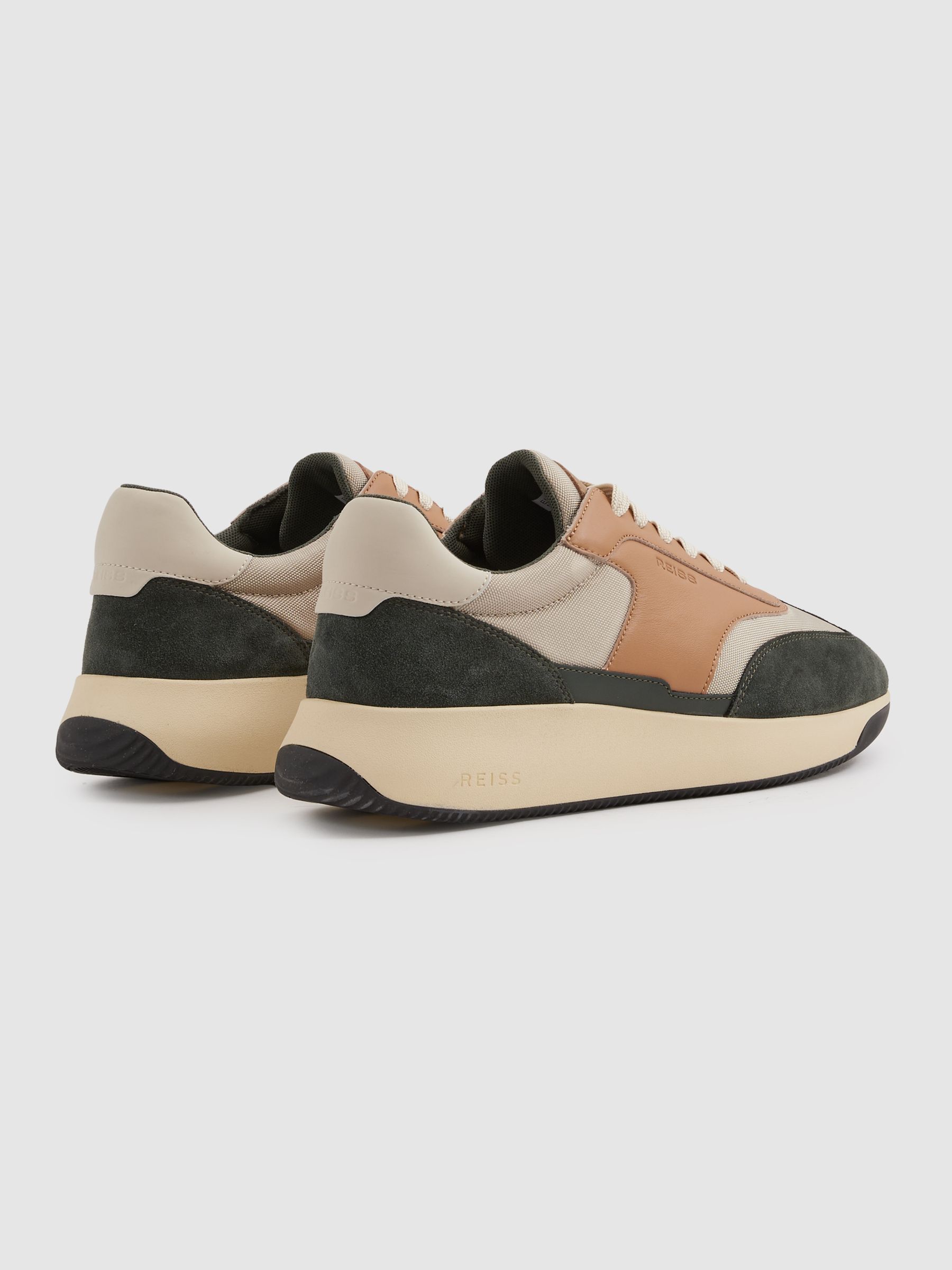 Leather Suede Running Trainers in Green/Camel