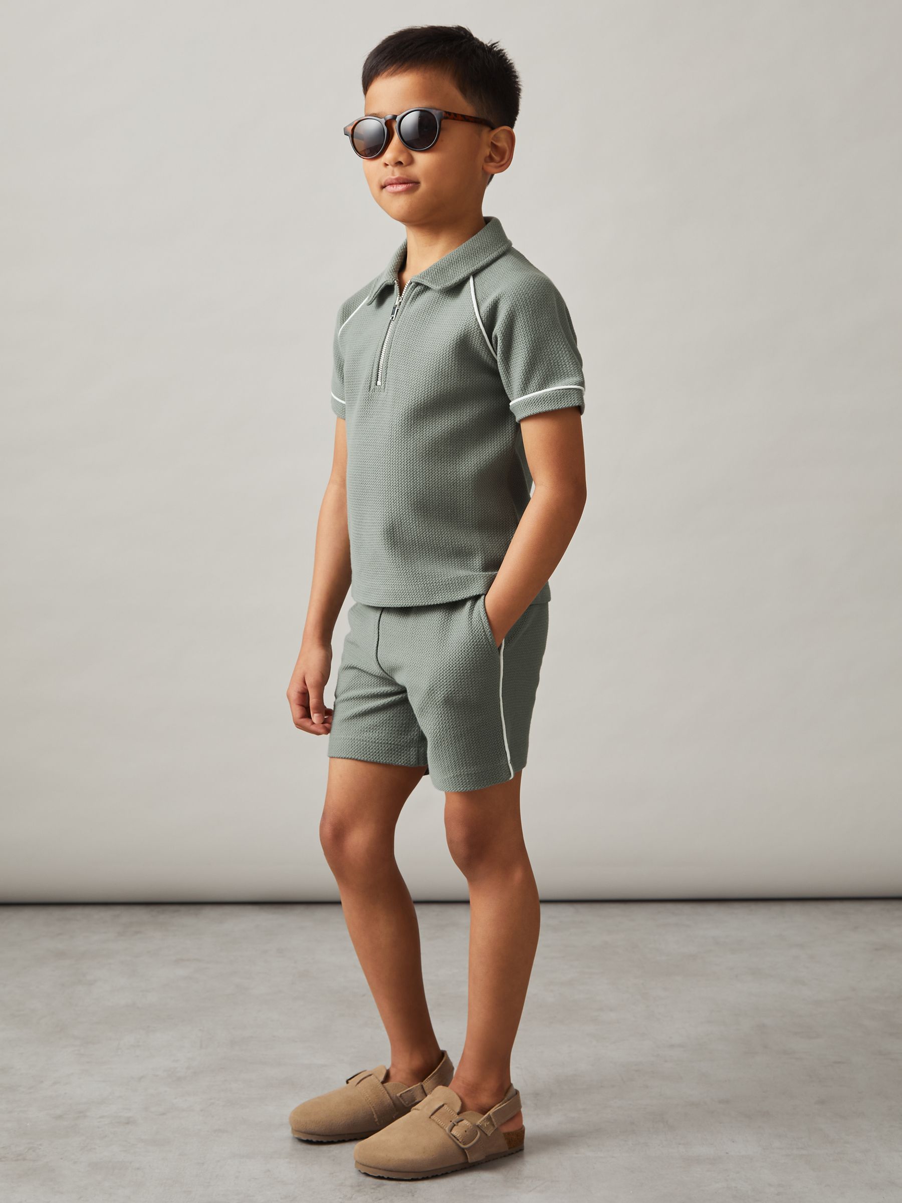 3-9 yrs Cotton Textured Piped Shorts in Sage Green