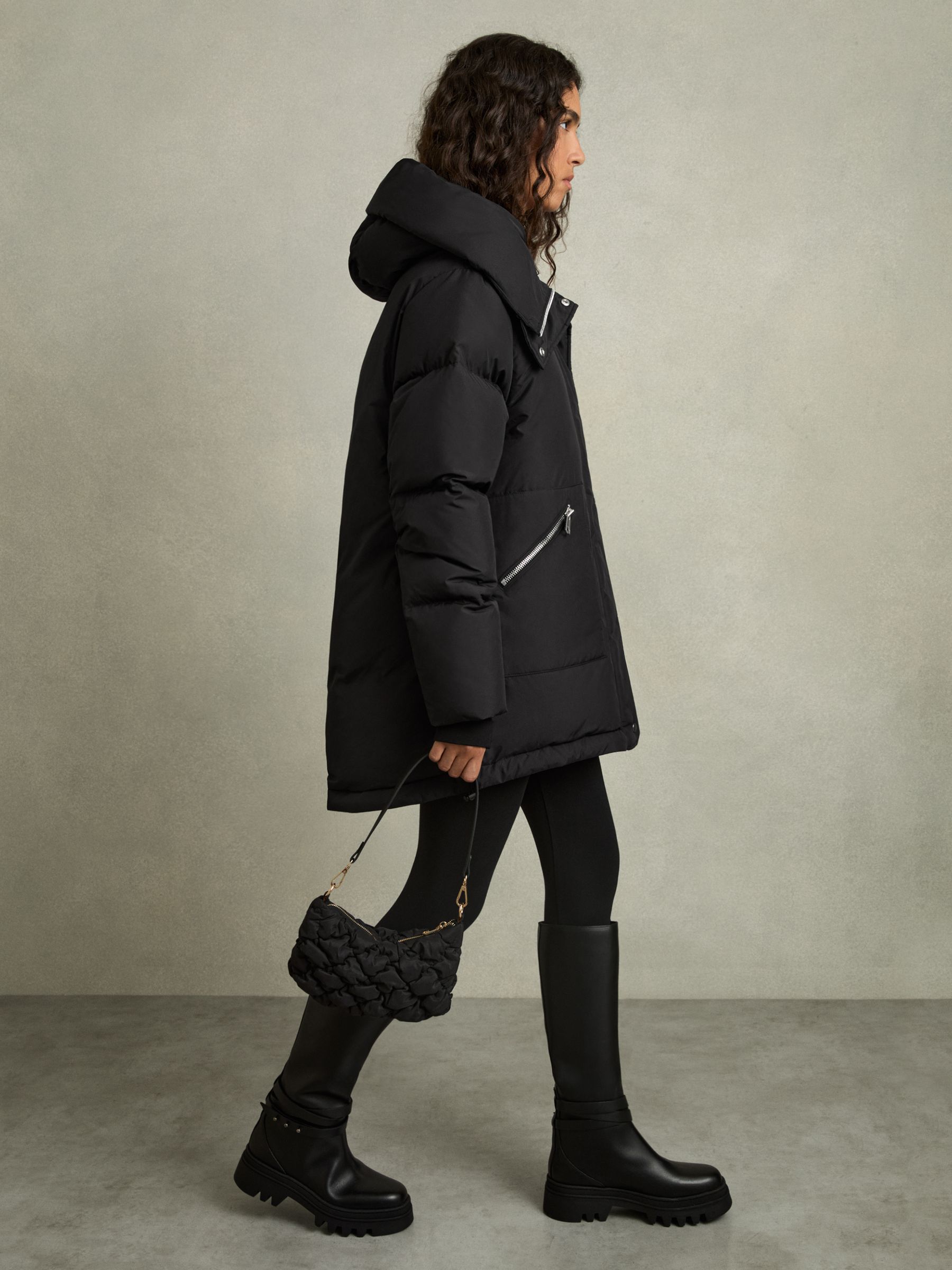 Petite Concealed-Hood Puffer Coat in Black