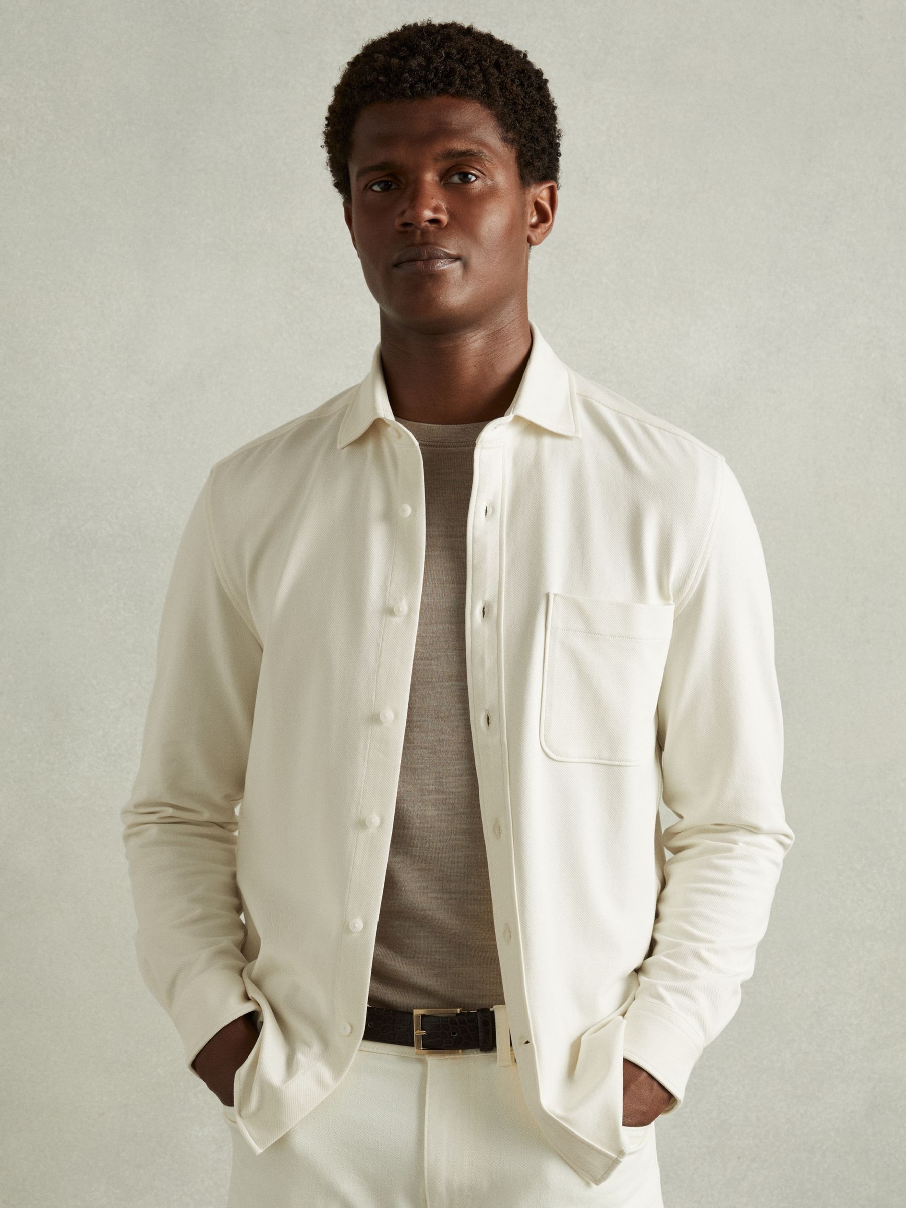Cotton Blend Twill Overshirt in Off White