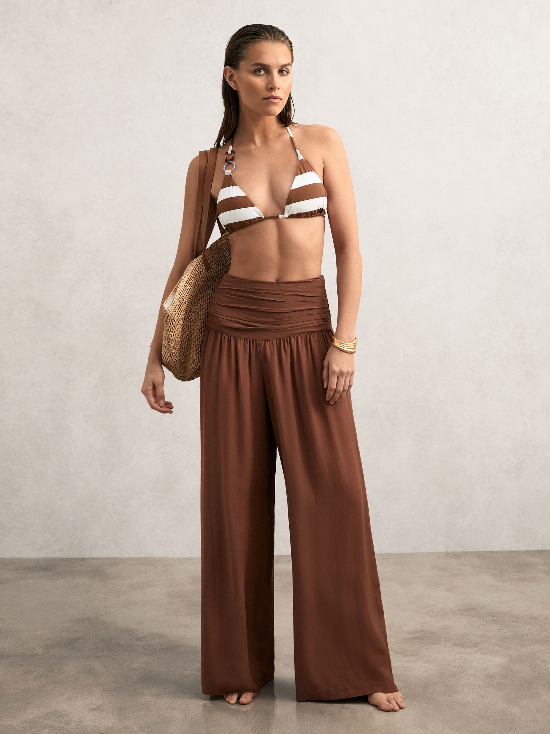 Stripe Halterneck Triangle Bikini Top in Navy/Brown