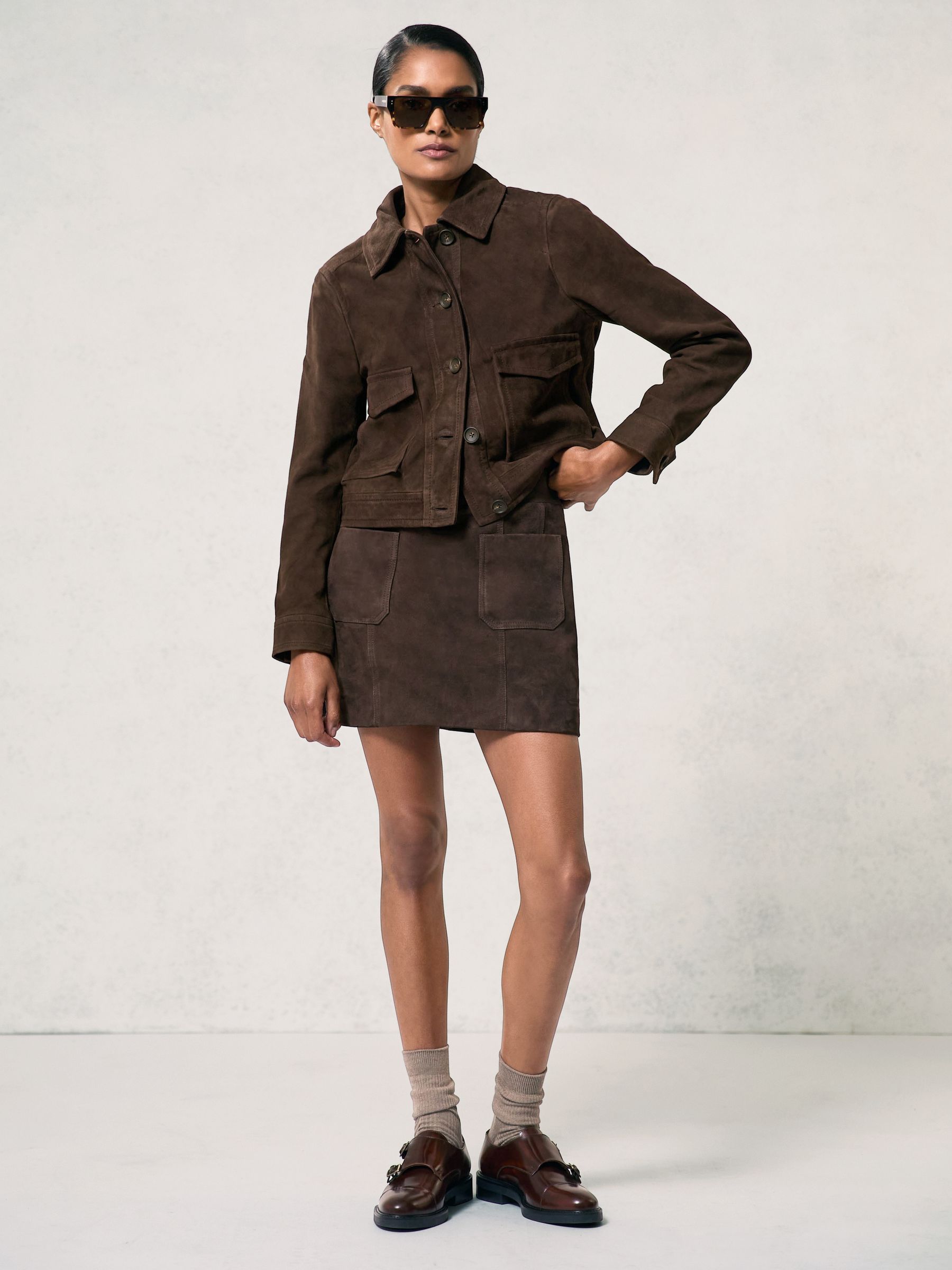 Petite Suede Trucker Jacket in Chocolate Brown