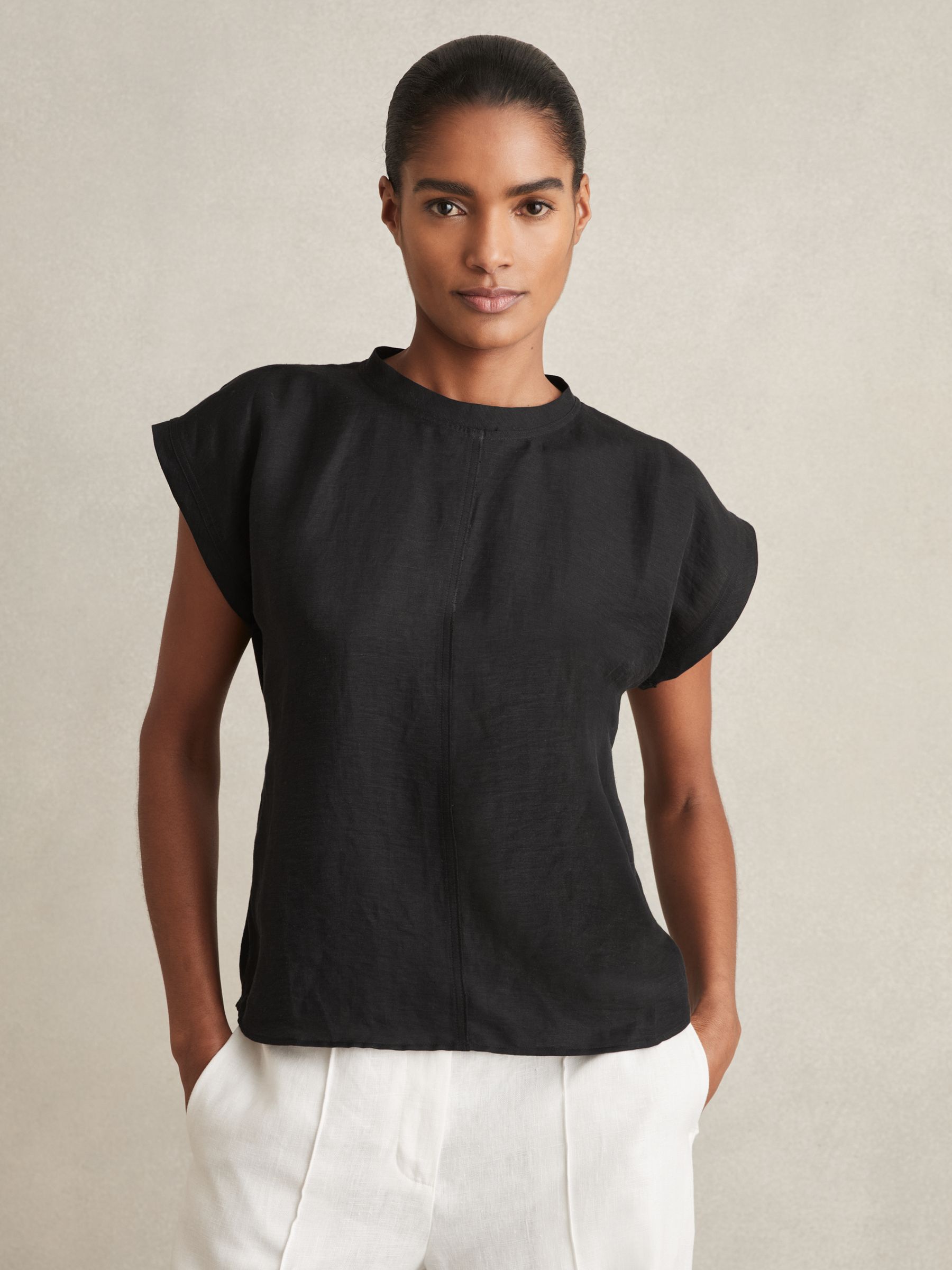 Linen-Blend Cap-Sleeve T-Shirt in Black