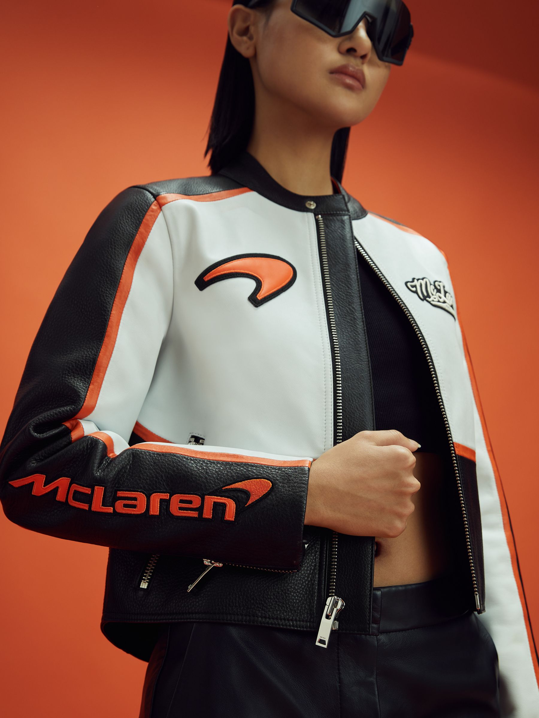 McLaren F1 Colourblock Leather Biker Jacket in Black/Papaya