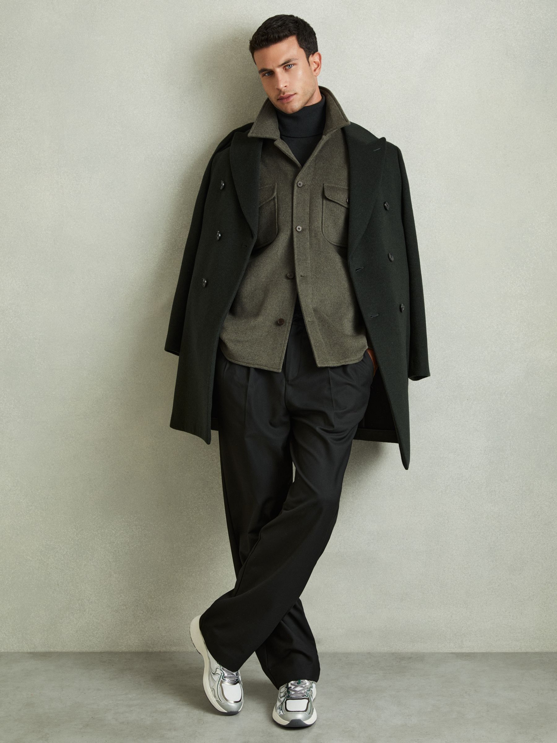 Wool-Blend Melton Overshirt in Green Smoke