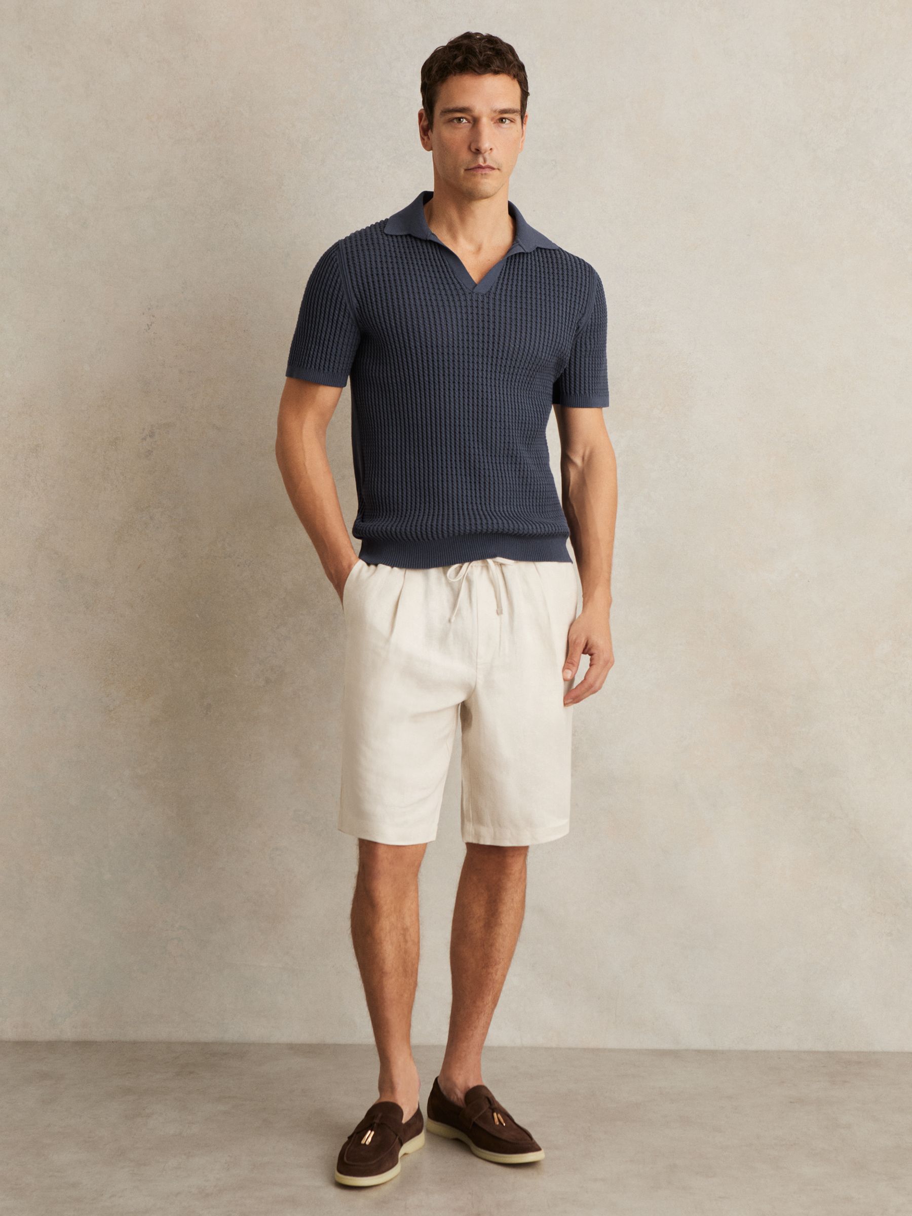 Micro-Cable Open-Collar Cotton-Blend Shirt in Dark Airforce Blue