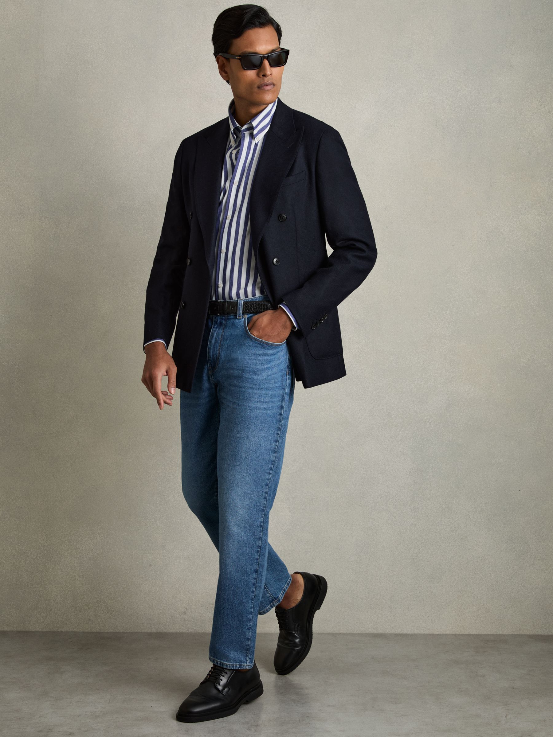 Striped Jersey Button-Down Shirt With Cotton in Blue Stripe