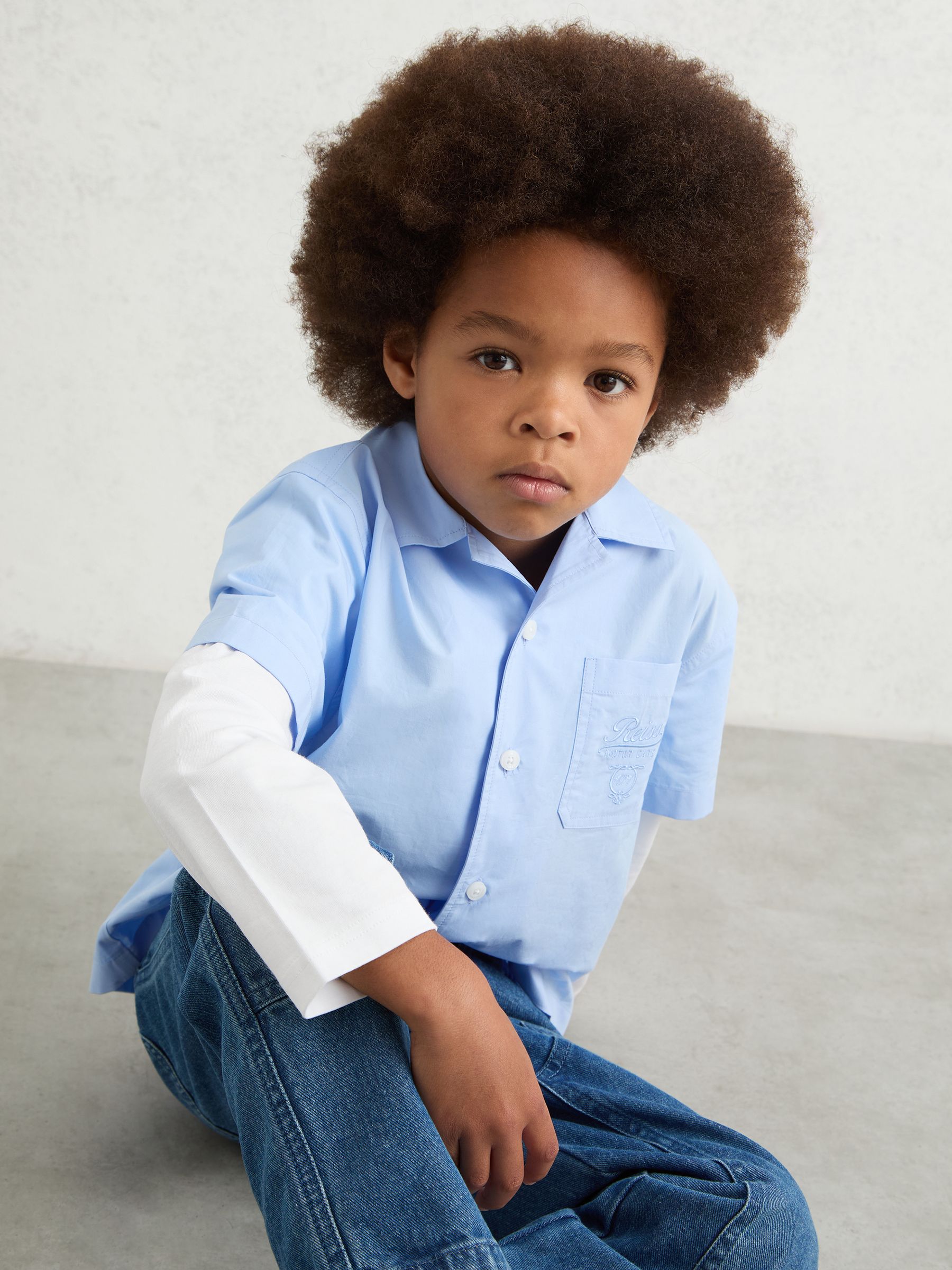 9-13 yrs Cotton Motor Cars Dual-Sleeve Shirt in Blue/White