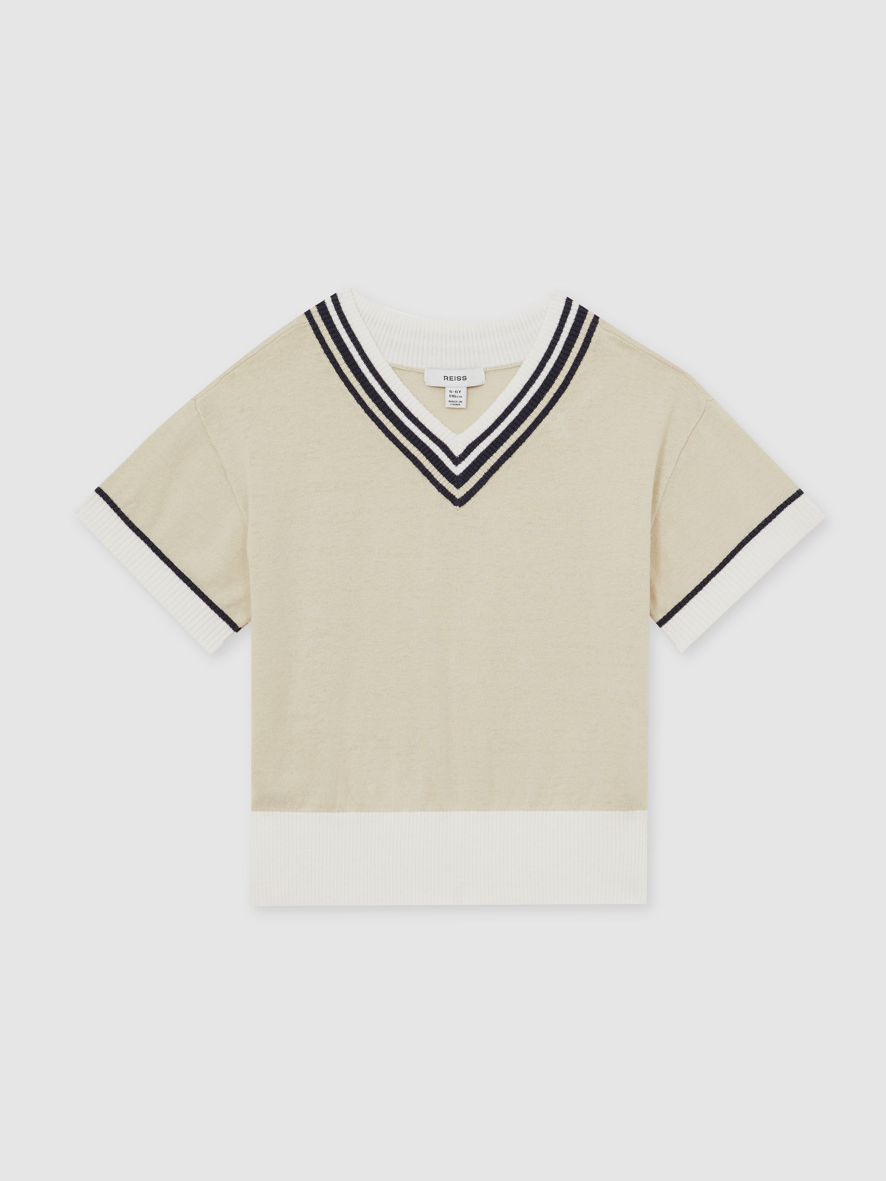 4-9 yrs Cotton-Linen Knit V-Neck Cricket Top in Neutral