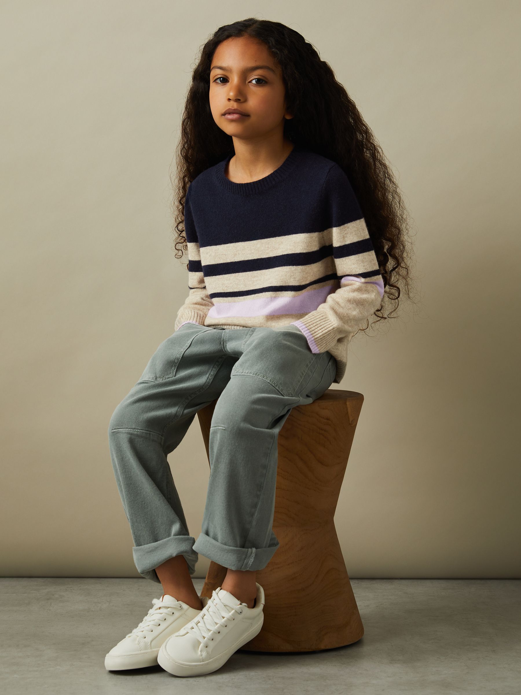 4-9 yrs Wool Blend Striped Crew Neck Jumper in Navy