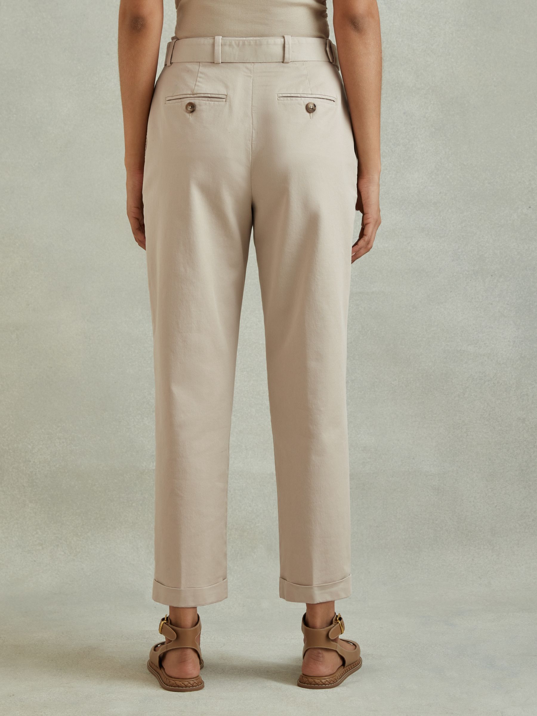 Cropped Cotton Blend Belted Trousers in Stone