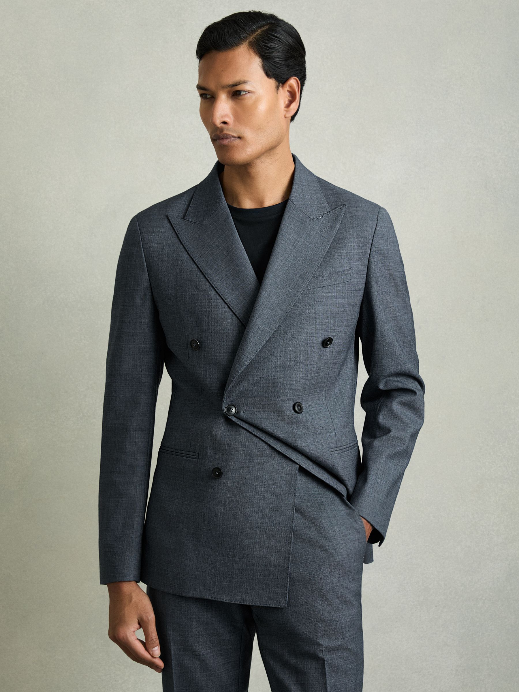 Regular-Fit Double-Breasted Sharkskin Wool-Blend Suit Blazer in Airforce Blue