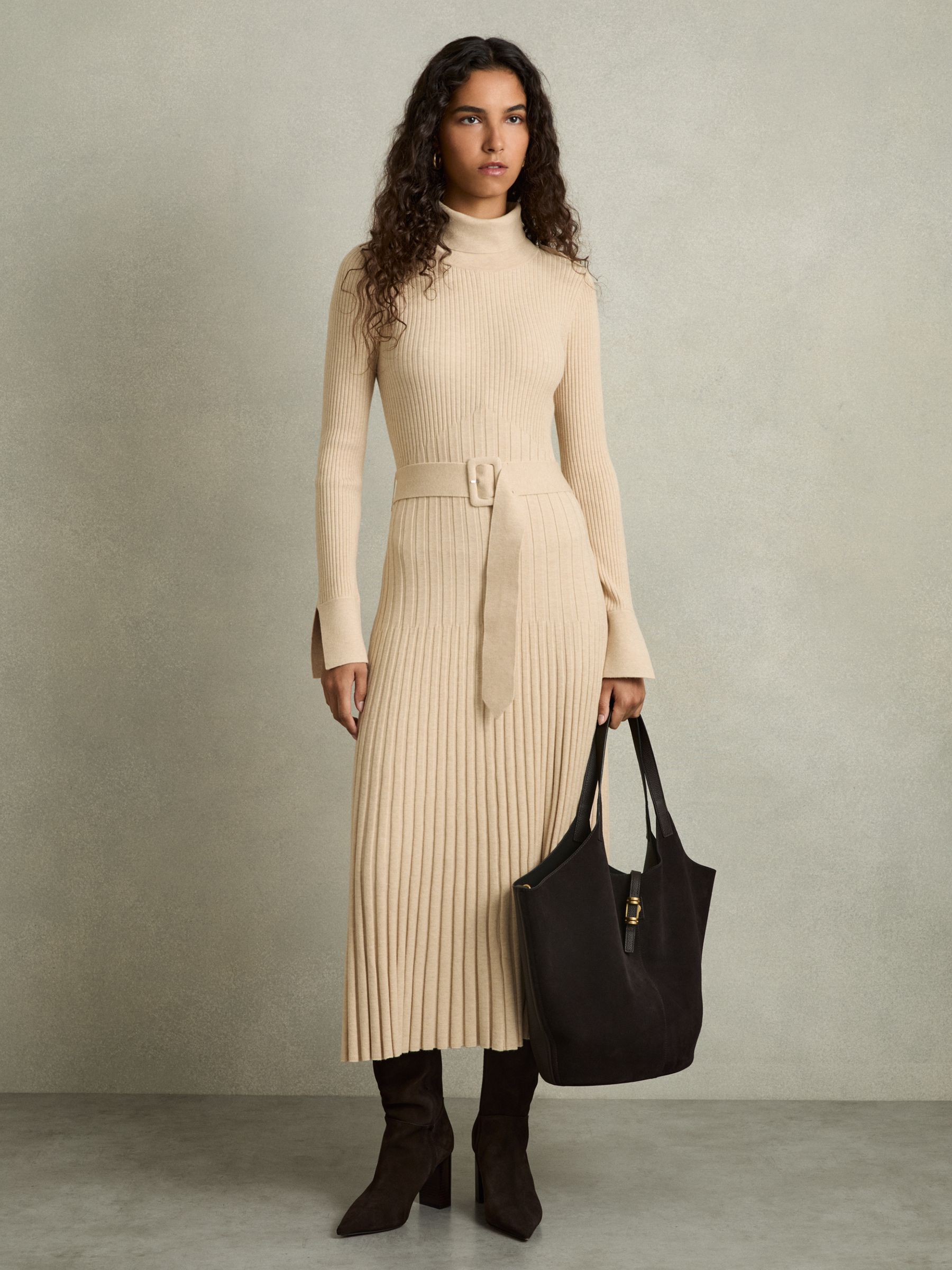 Ribbed Roll Neck Belted Midi Dress in Neutral