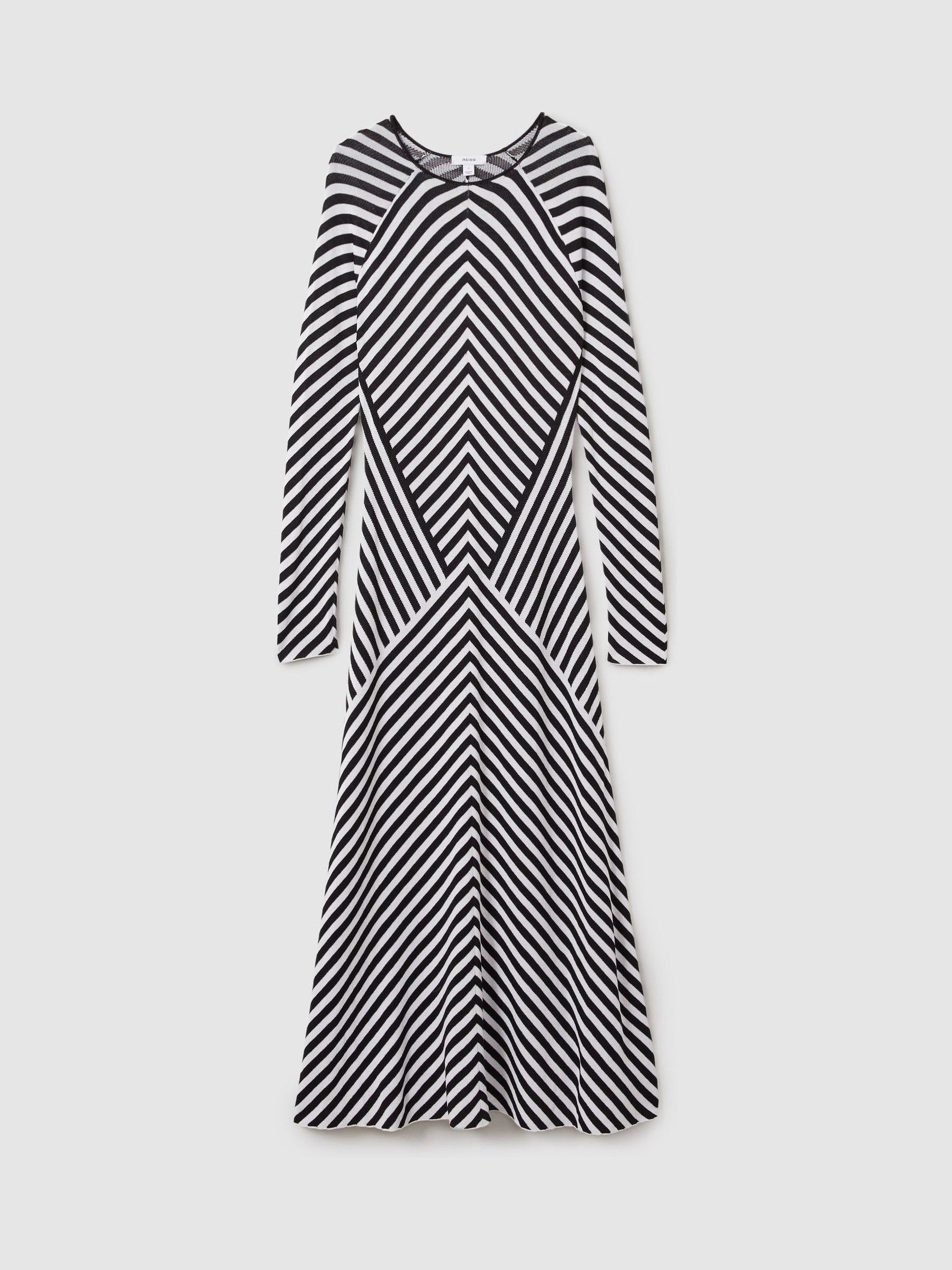 Knitted Striped Midi Dress in Black/Ivory
